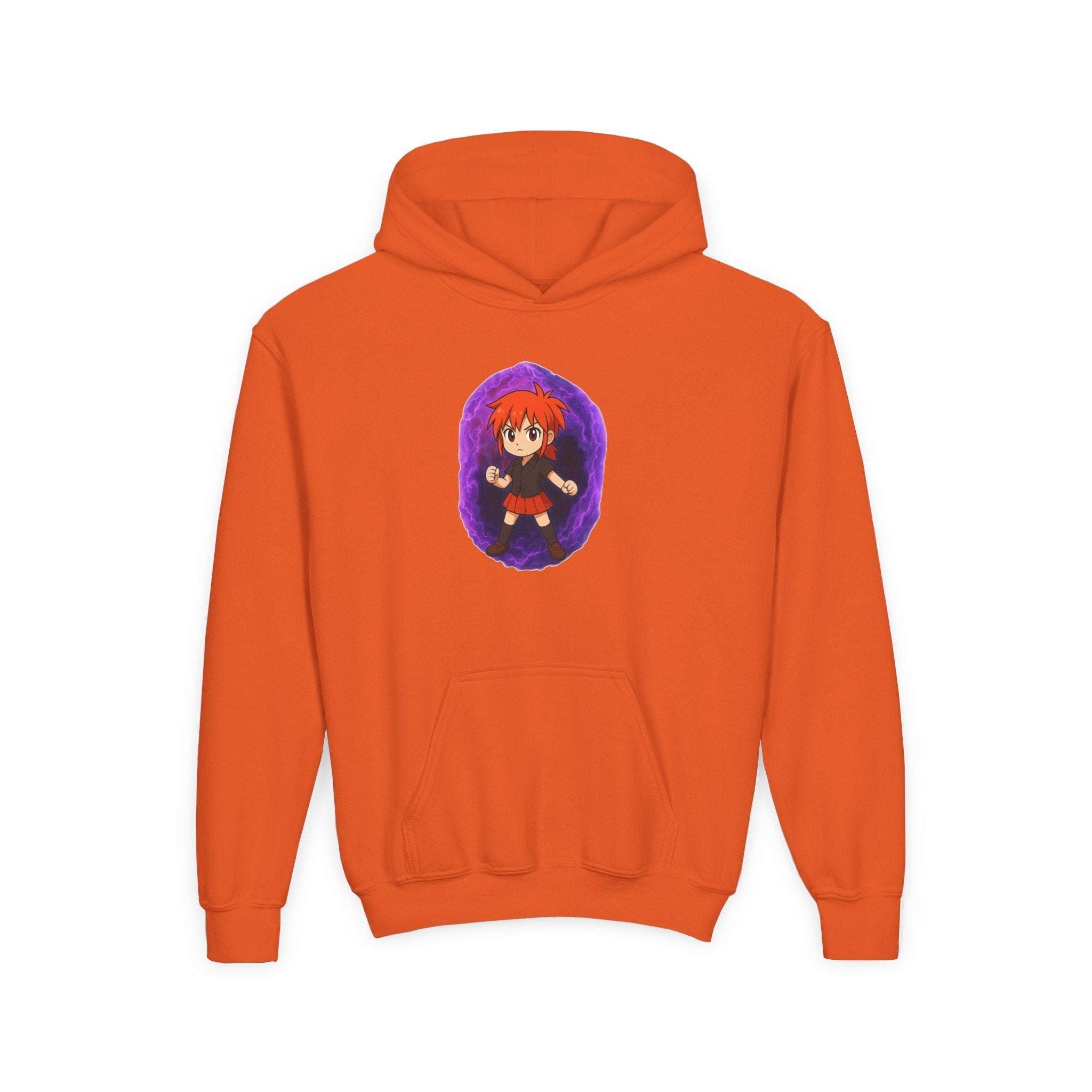 Purple Power Girl anime hoodie for kids, featuring a colorful design on a white sweatshirt by Printify