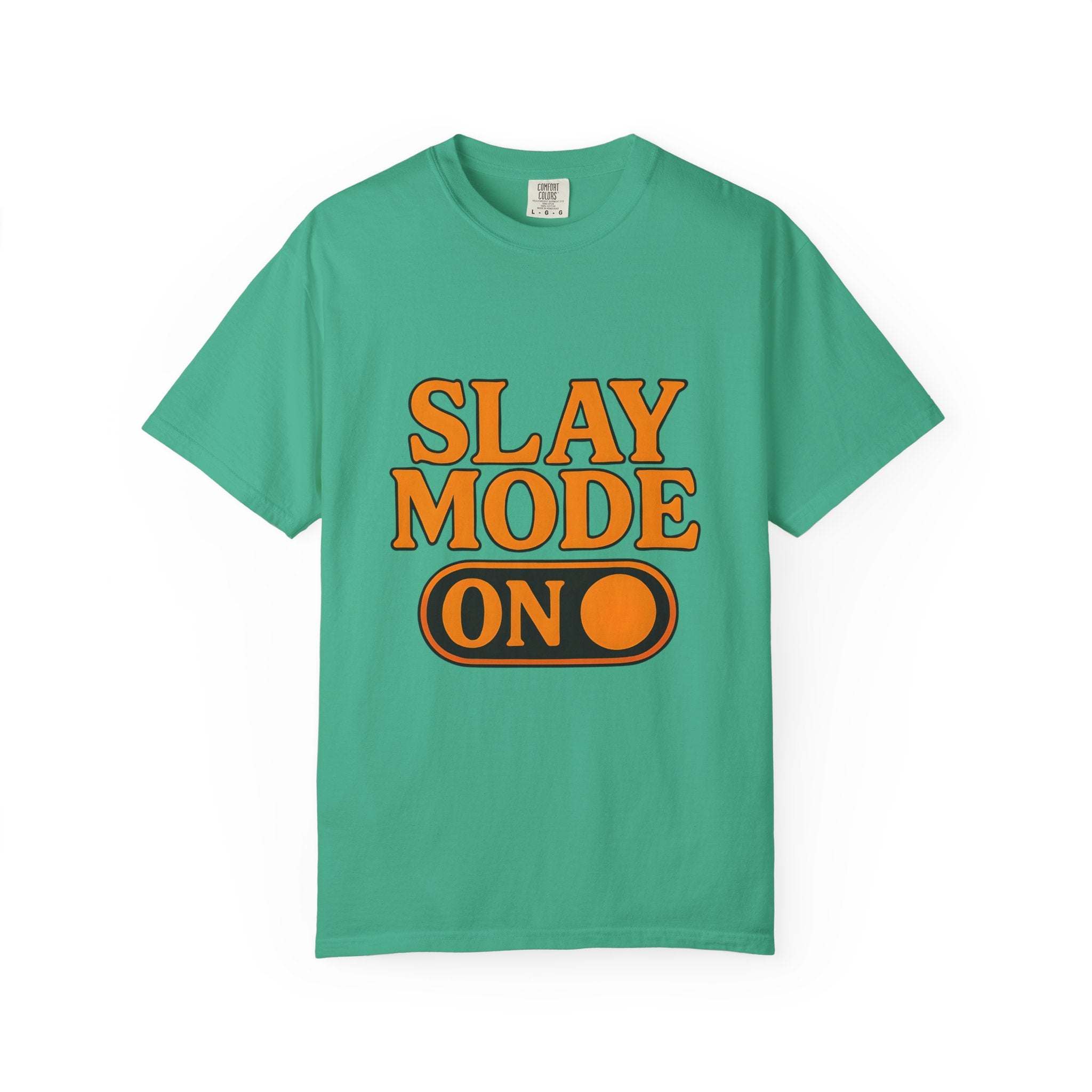 Black garment-dyed tee with 'Slay Mode On' text, casual style, by Printify