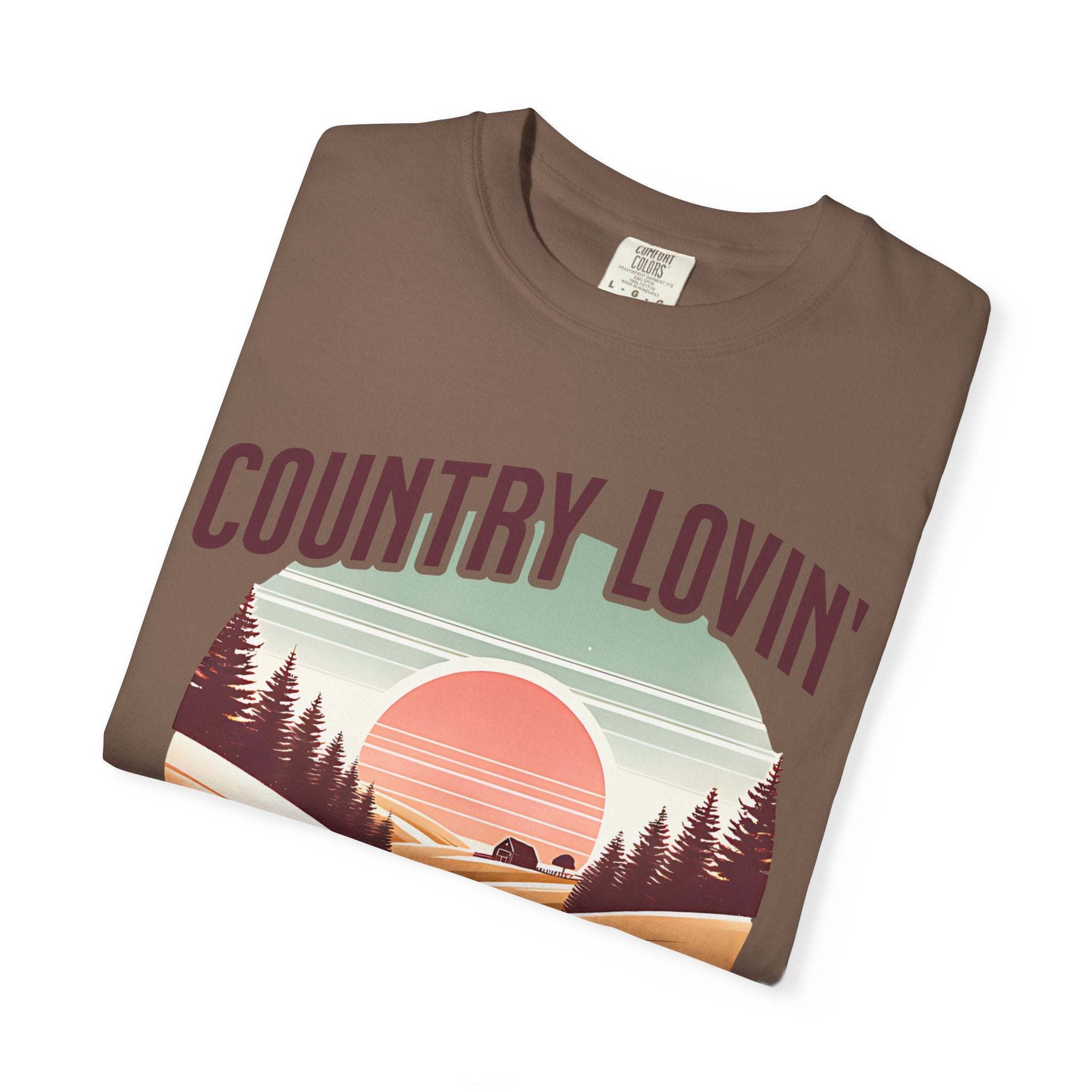 Country Lovin Girl T-shirt with vintage sunset and forest design for country music fans