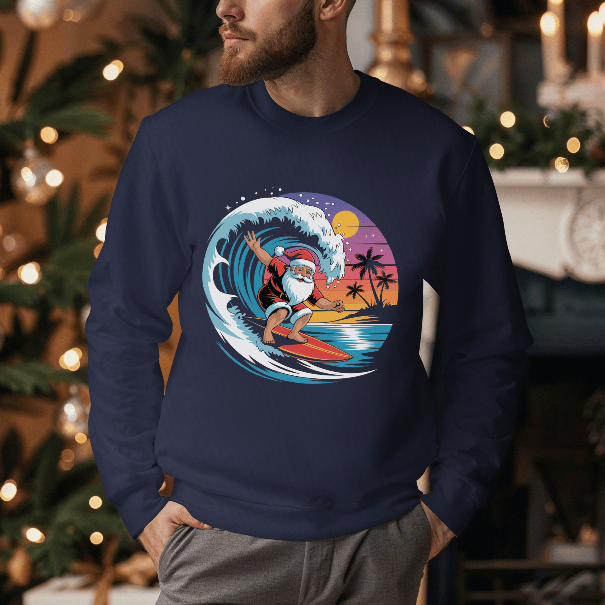 Surfing Santa Sweatshirt featuring embroidered surfing Santa design, cozy and relaxed coastal holiday style.