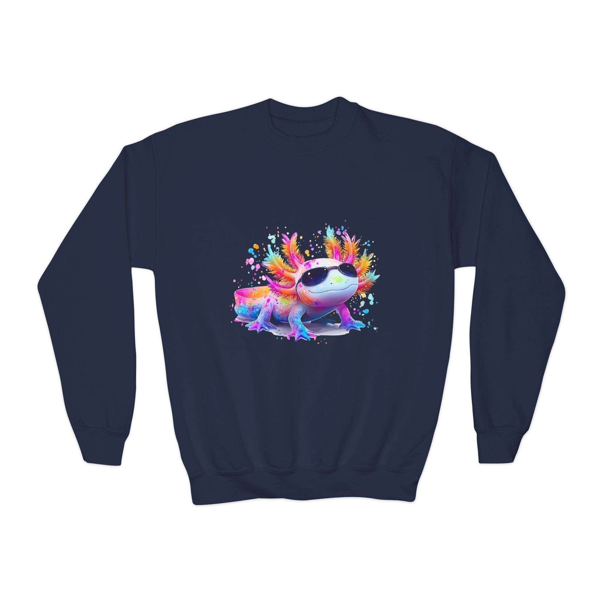 Maroon Rainbow Axolotl sweatshirt for kids featuring a colorful animal design by Printify