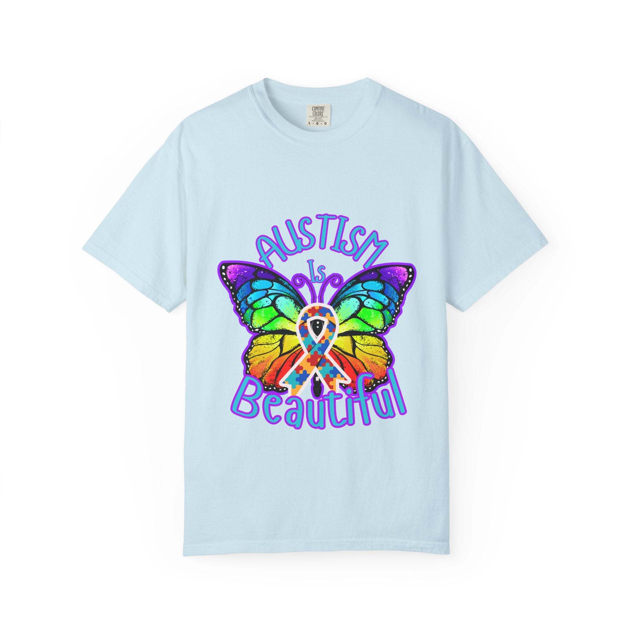 Light blue Autism is Beautiful T-shirt with colorful butterfly and autism awareness ribbon design