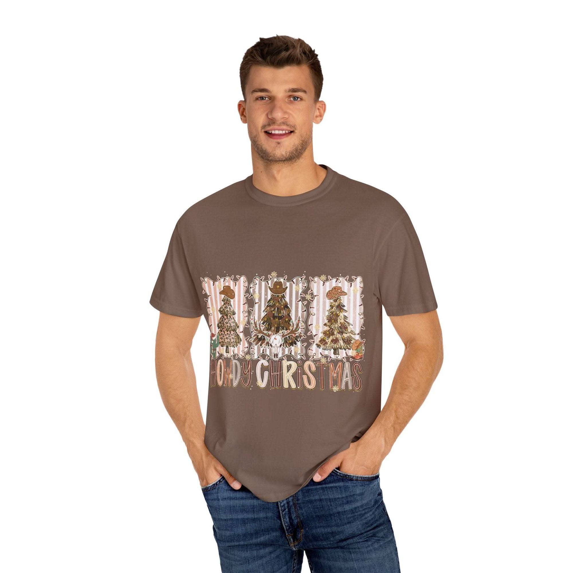 Man wearing brown Cowboy Howdy Christmas t-shirt with festive holiday tree design