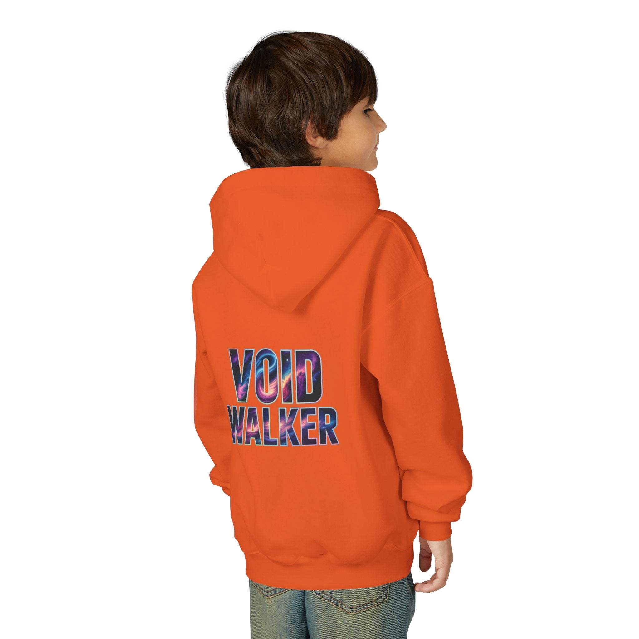 Child wearing orange Galaxy Hoodie with Void Walker galaxy print on the back