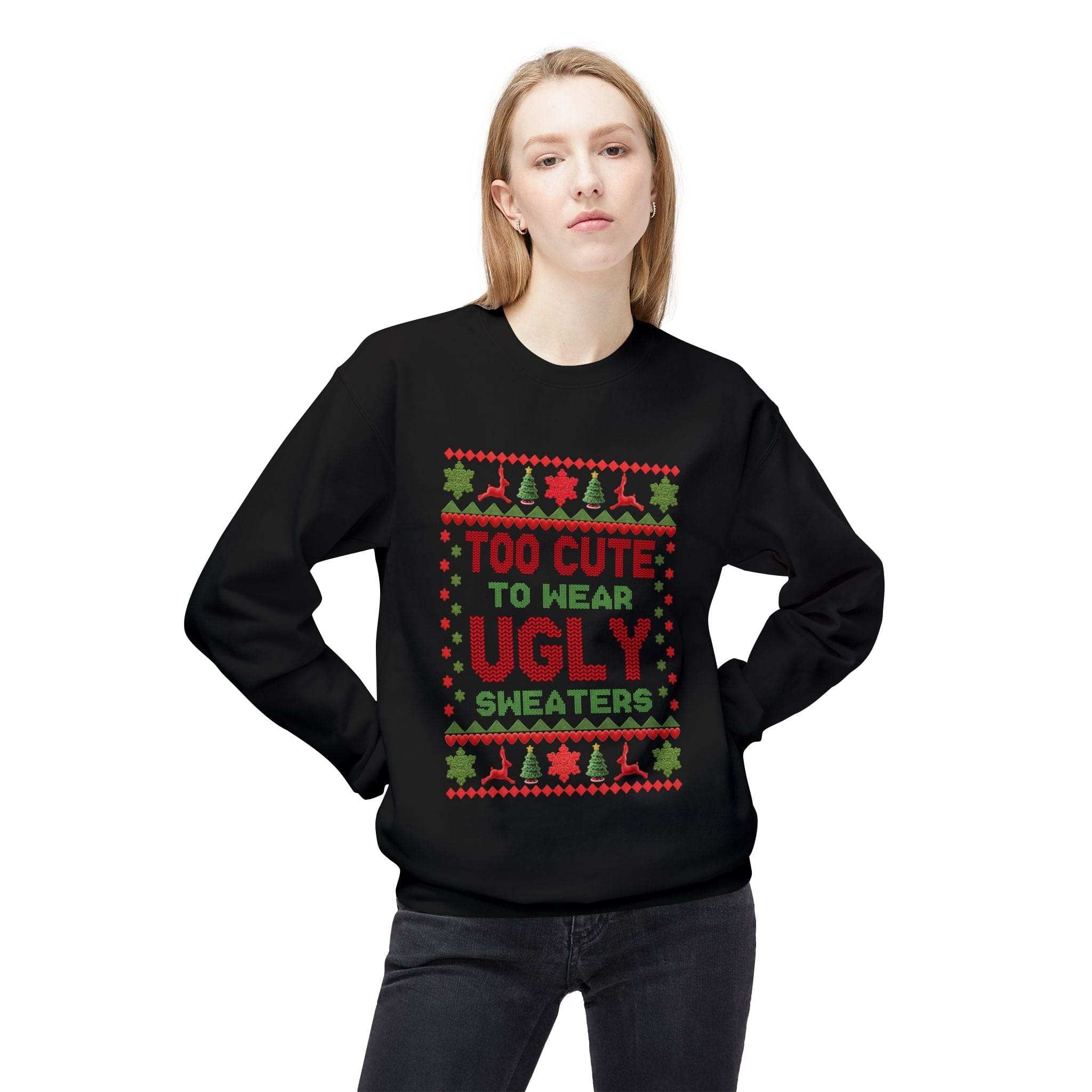 Navy unisex fleece sweatshirt with 'Too Cute To Wear Ugly Sweaters' design by Printify