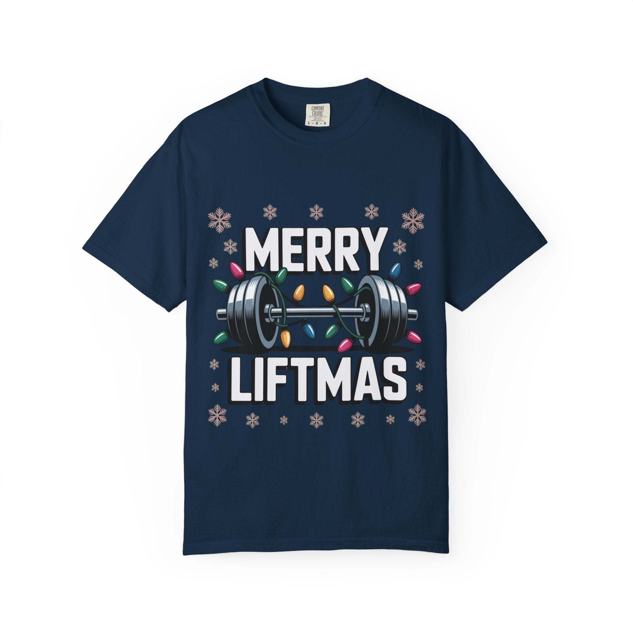 Navy blue Christmas Workout T-shirt with Merry Liftmas barbell design and holiday lights