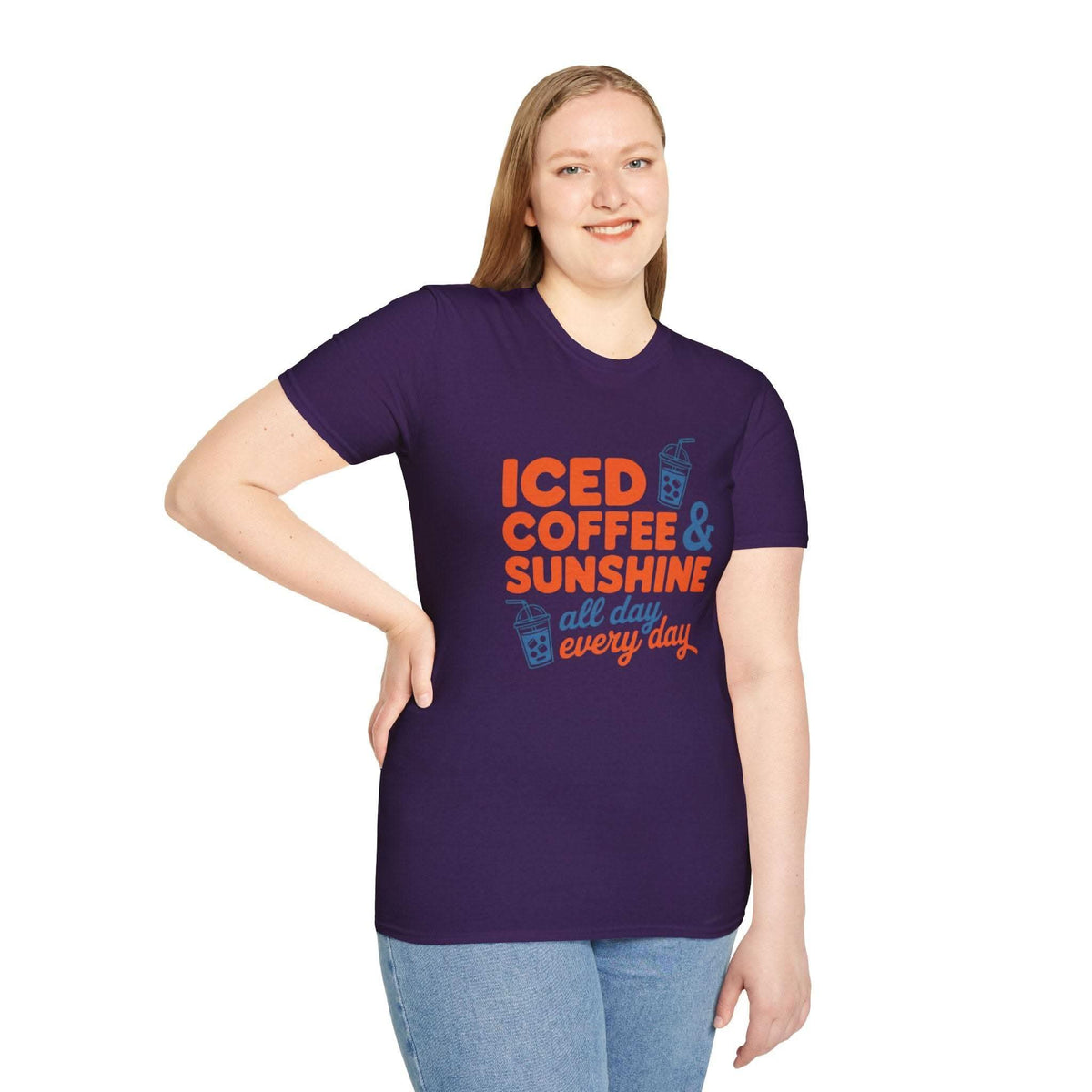 Iced Coffee & Sunshine graphic summer t-shirt in soft lightweight cotton with playful iced cup design