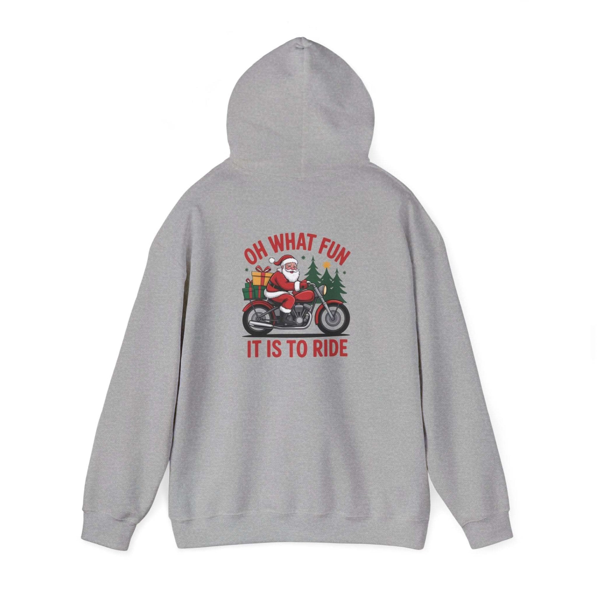 Santa motorcycle hoodie in black, featuring festive graphics, perfect for holiday celebrations and motorcycle enthusiasts.