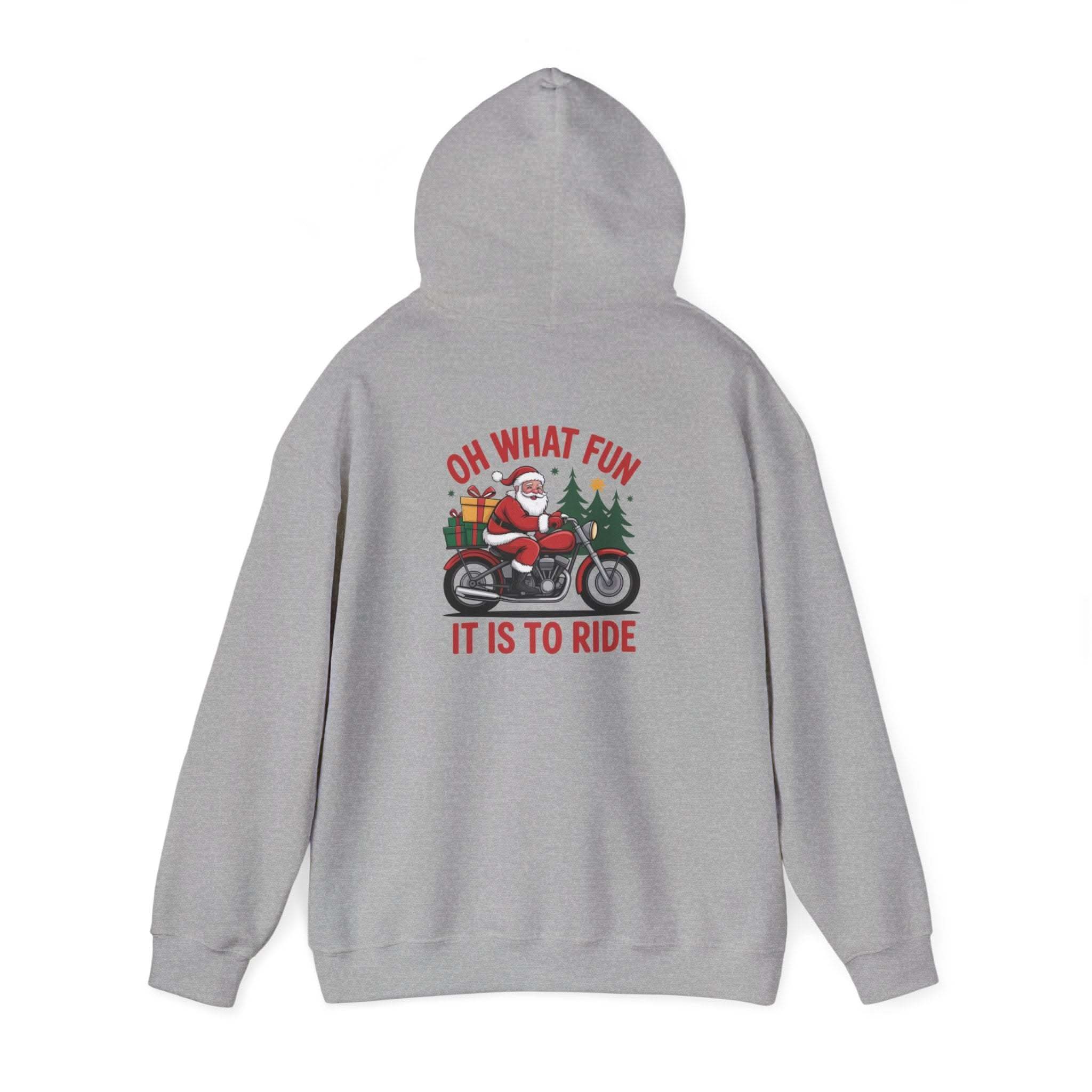 Santa motorcycle hoodie in black, featuring festive graphics, perfect for holiday celebrations and motorcycle enthusiasts.