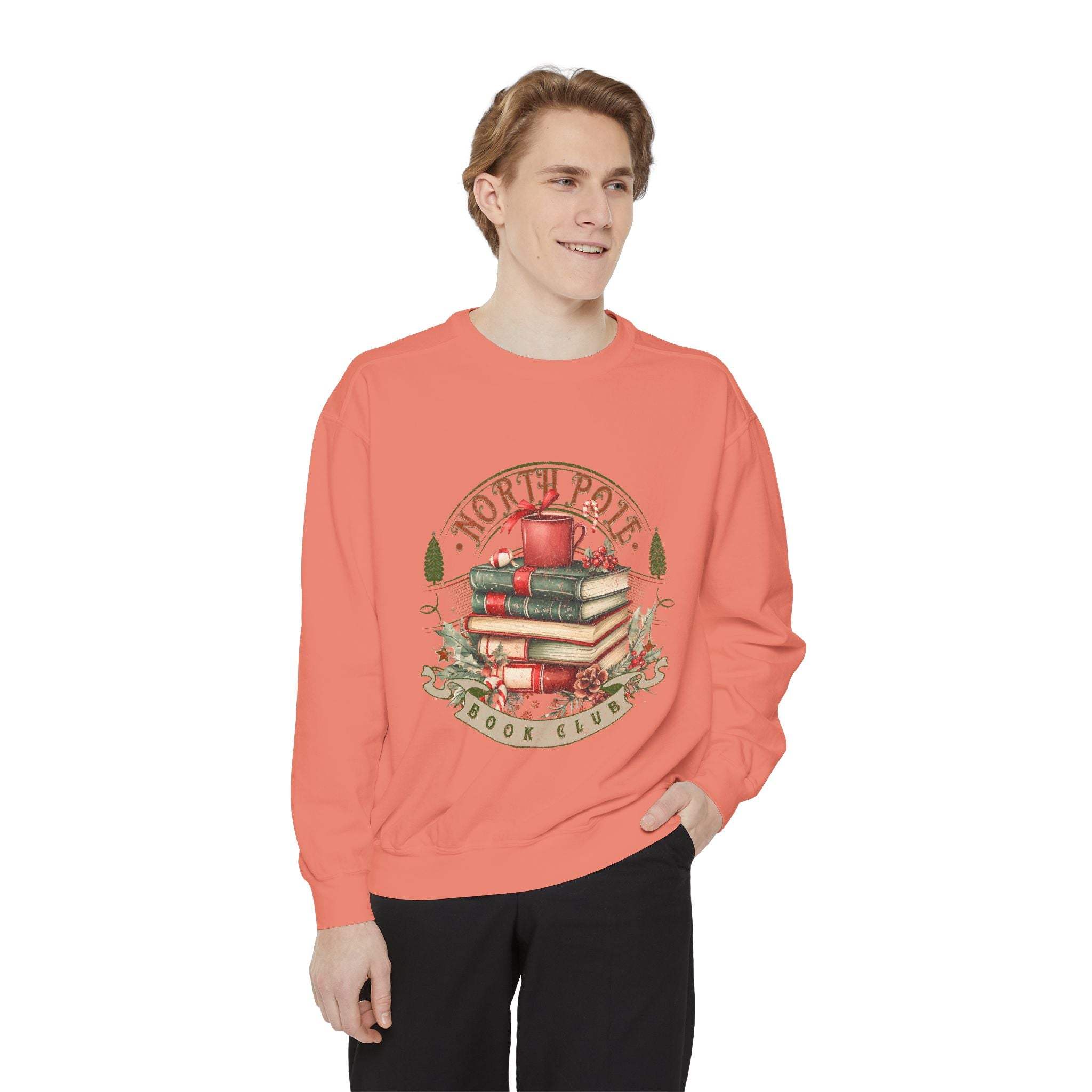 Man wearing vintage North Pole Book Club sweatshirt with stack of books and holiday design in red