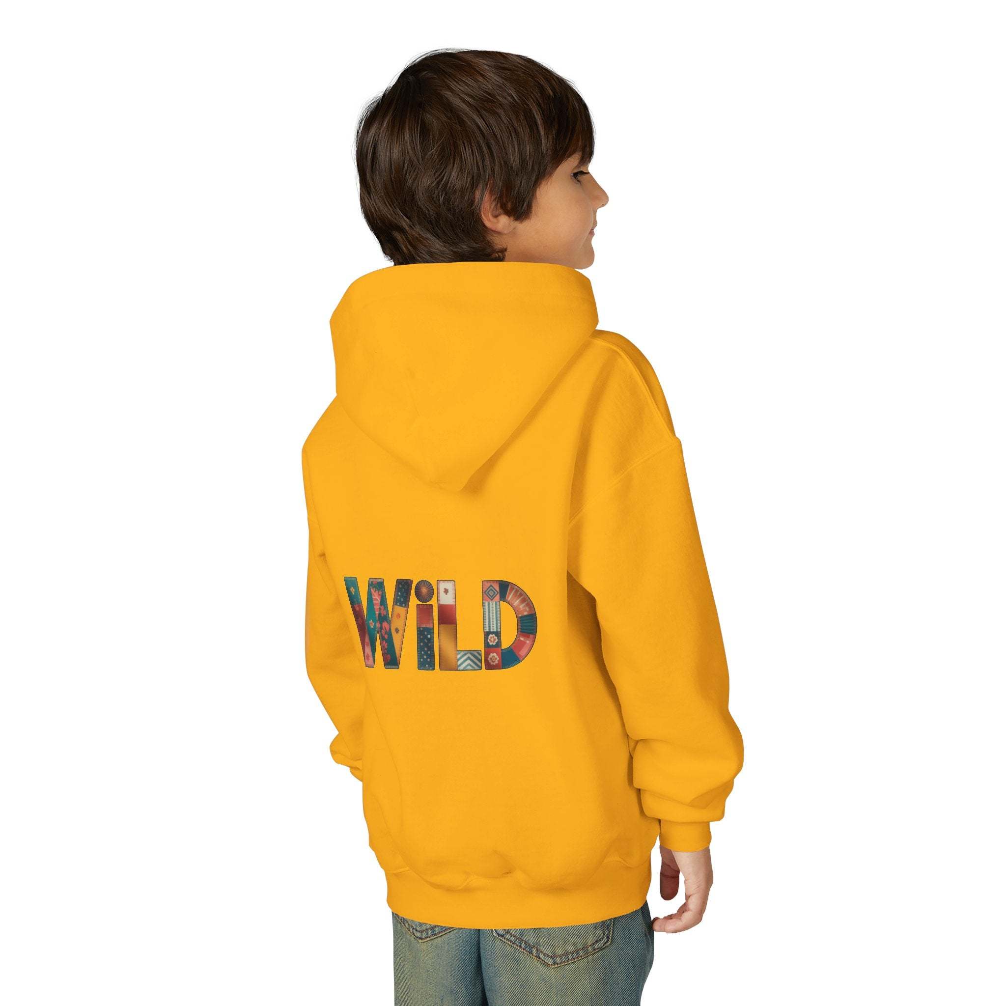 Child wearing yellow Patchwork Wild Word Hoodie with colorful "WILD" text on back and kangaroo pouch pocket