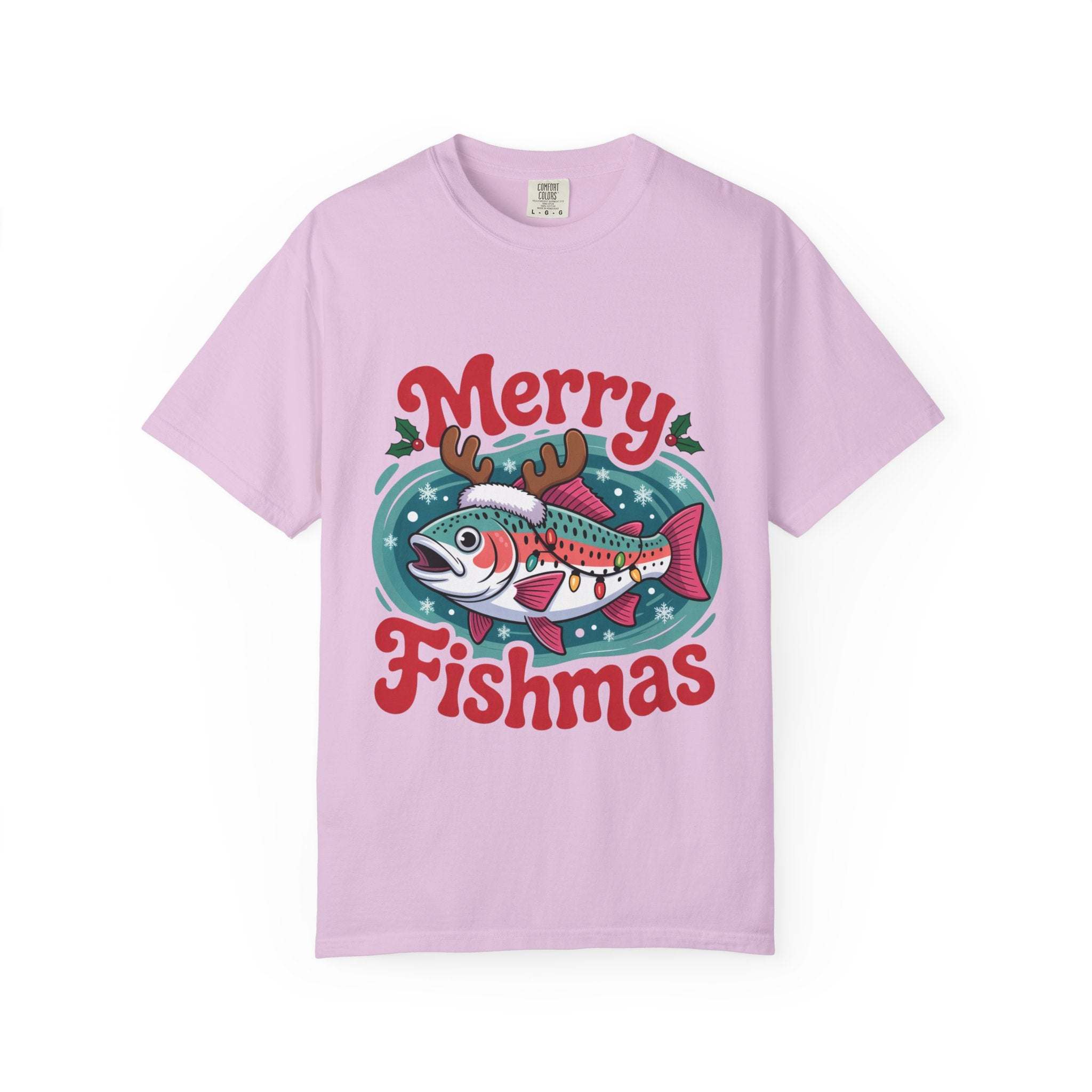 True Navy garment-dyed t-shirt featuring Merry Fishmas design for fishermen, by Printify