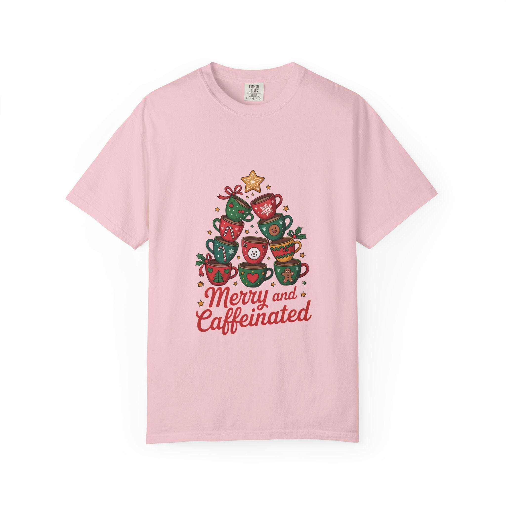 Pink Merry and Caffeinated T-shirt with festive coffee cup design and holiday cheer text
