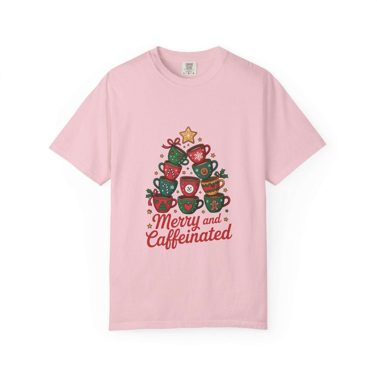 Pink Merry and Caffeinated T-shirt with festive coffee cup design and holiday cheer text