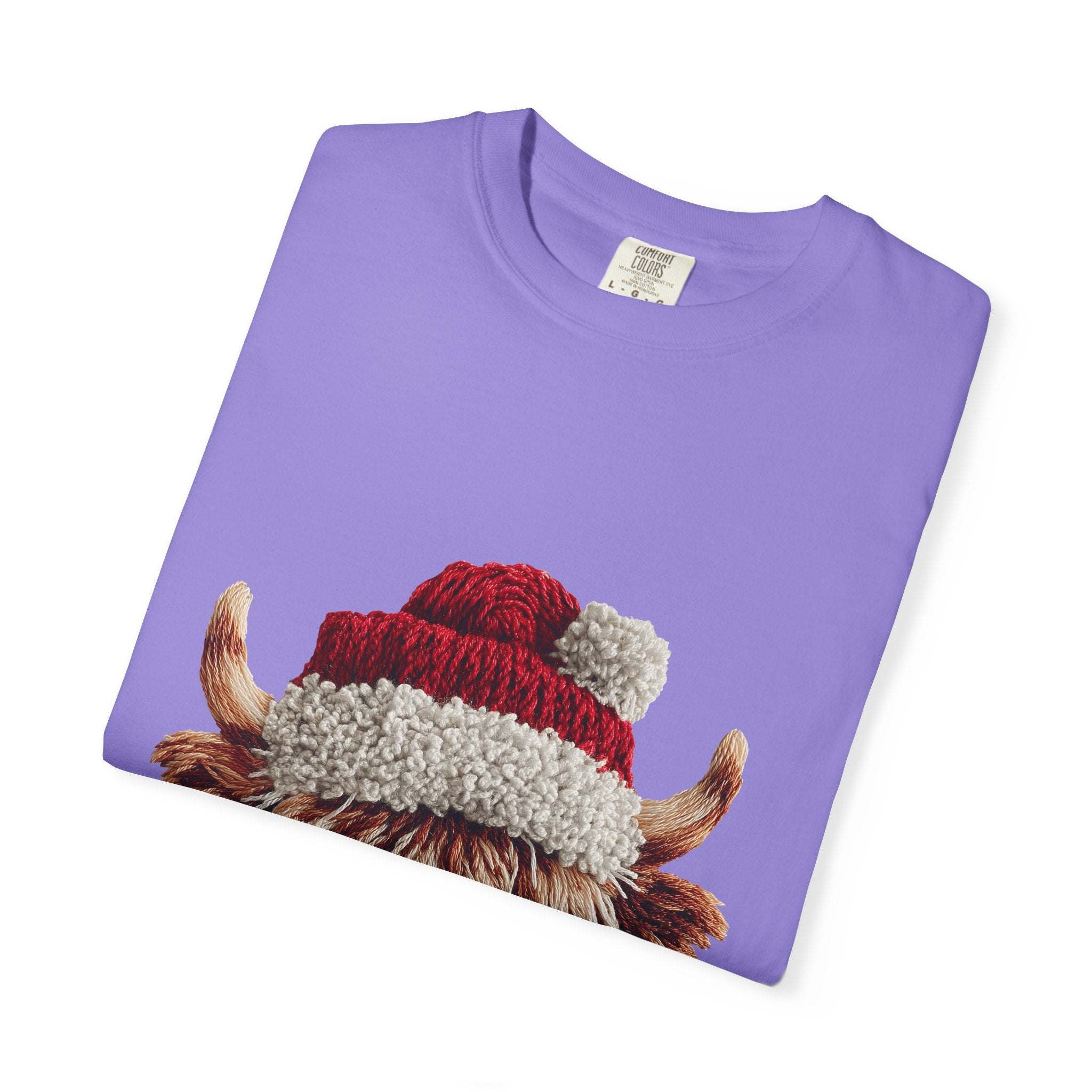 Black t-shirt featuring faux crochet yarn Highland cow Santa print by Printify, perfect for cozy Christmas wear.