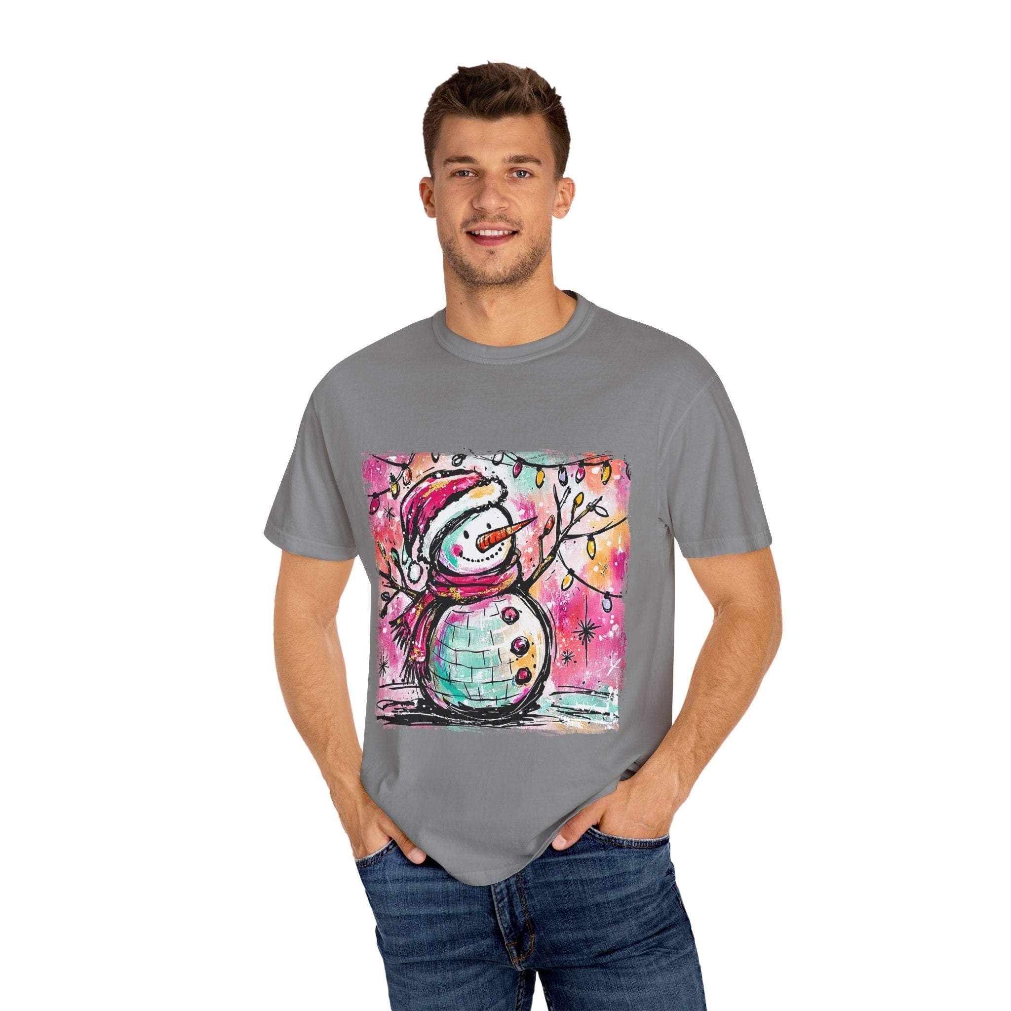White unisex t-shirt featuring colorful disco ball snowman design, perfect for Christmas and dance parties by Printify