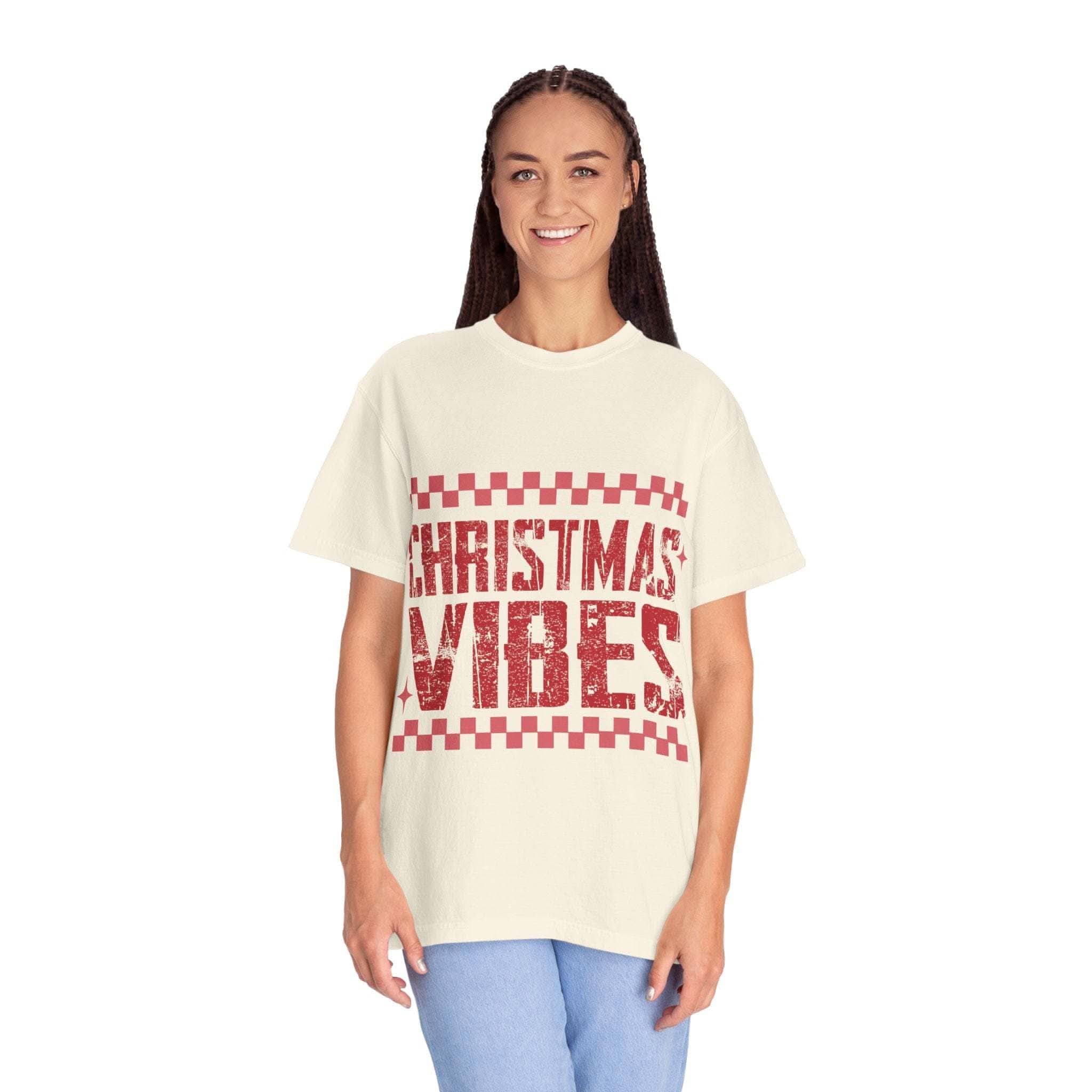 Distressed Christmas Vibes T-Shirt with vintage holiday graphics and soft garment-dyed fabric