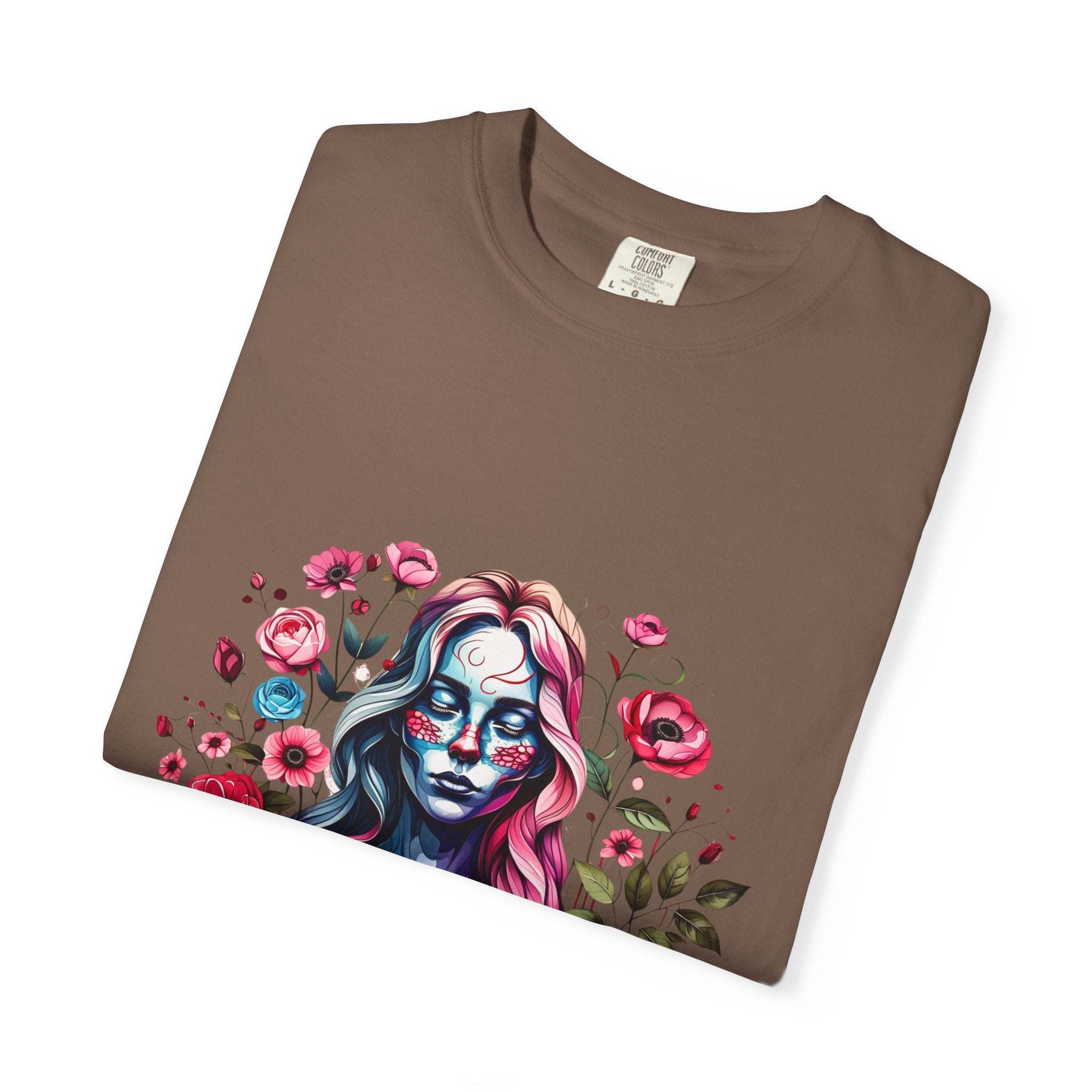 Folded soft brown floral skeleton t-shirt with colorful lady skull and flowers print