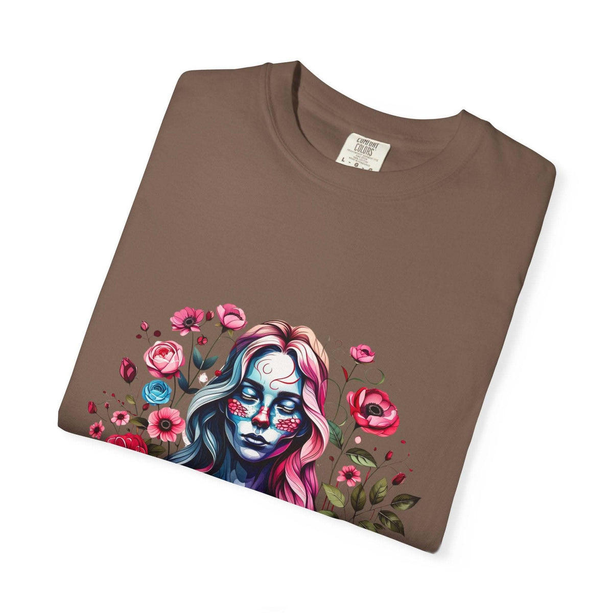 Folded soft brown floral skeleton t-shirt with colorful lady skull and flowers print