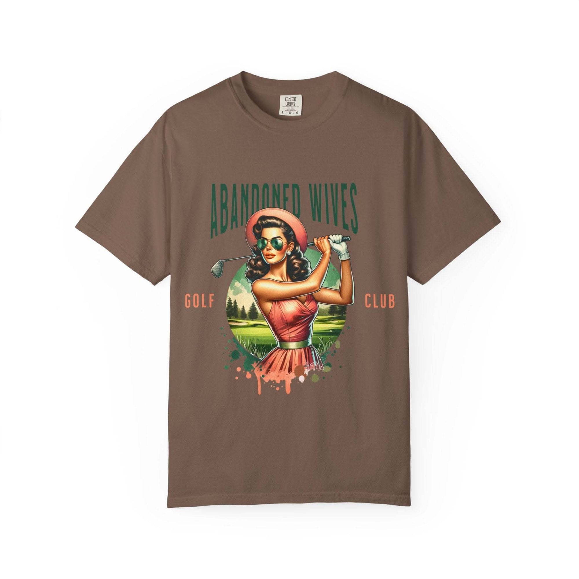 Vintage unisex T-shirt with Abandoned Wives Golf Club retro design and humorous golf-themed artwork