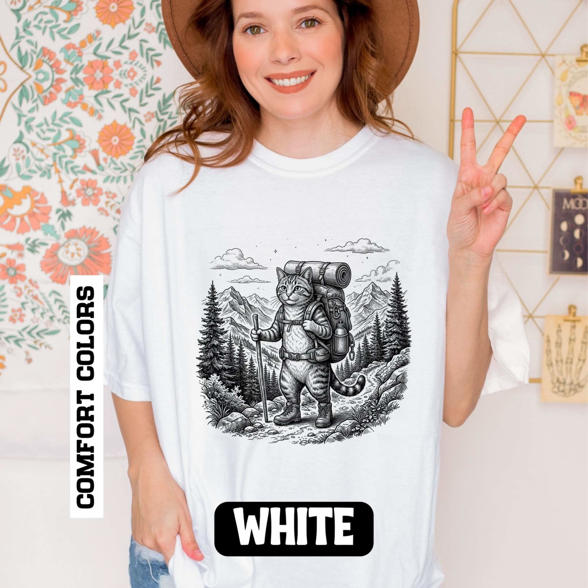 Cat hiker illustration t-shirt with vintage mountain camping design on heavyweight cotton