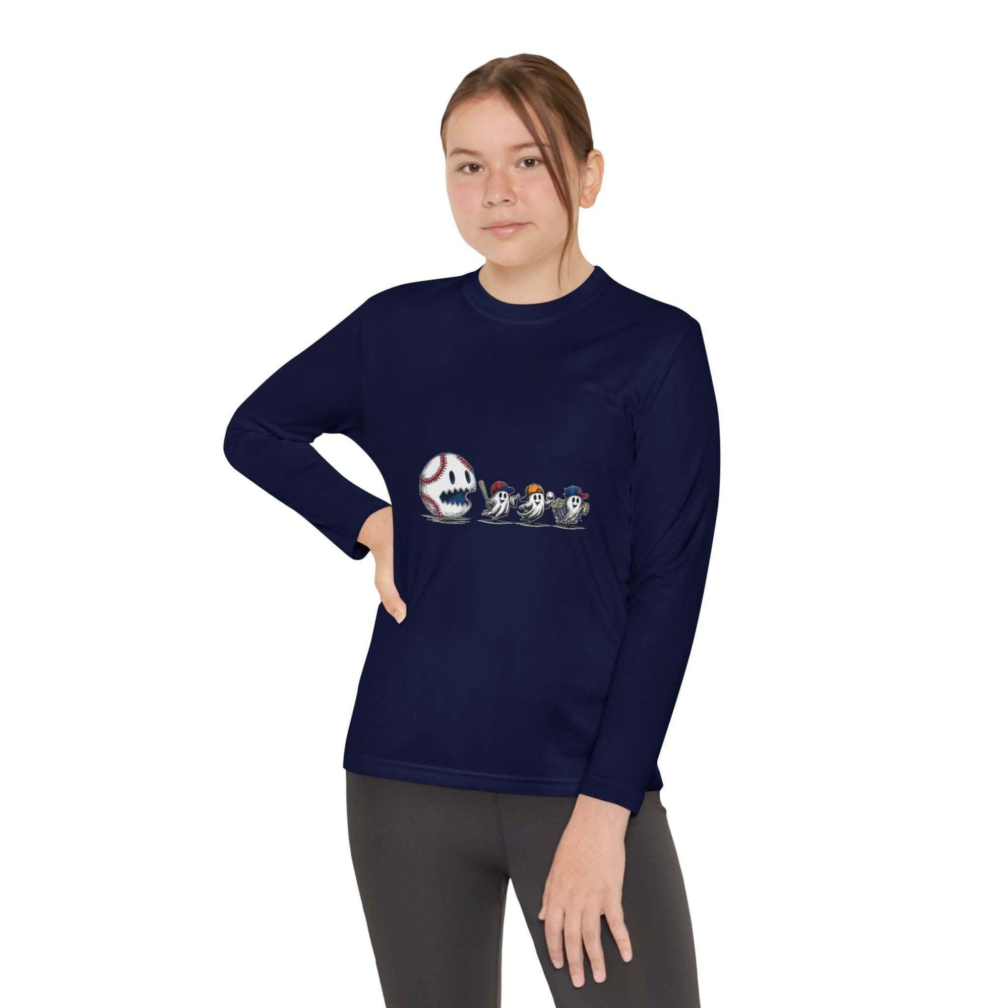 Youth Tee with baseball eating Halloween ghosts graphic, moisture-wicking long sleeve shirt for kids