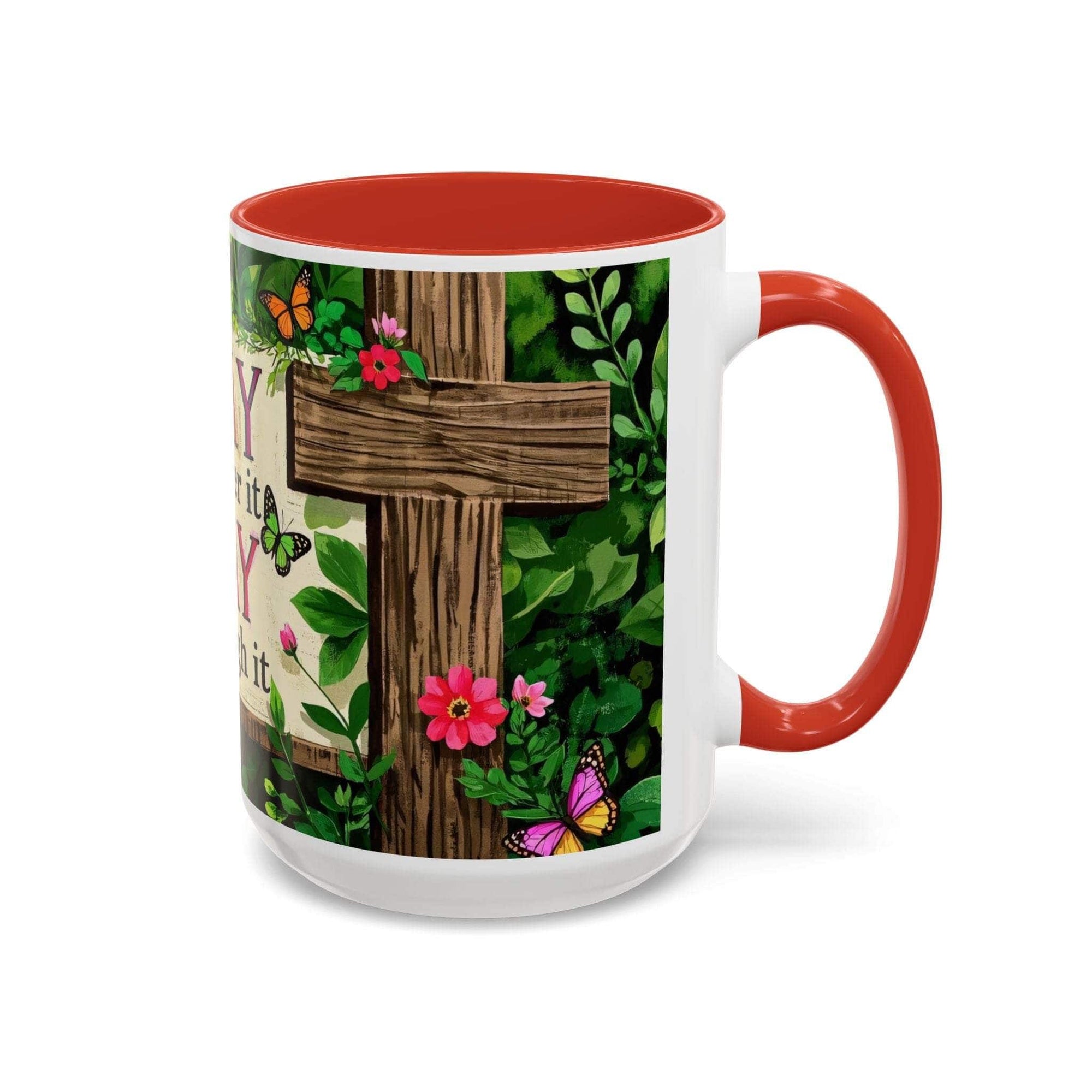 Mug with a cross and floral design on a white background