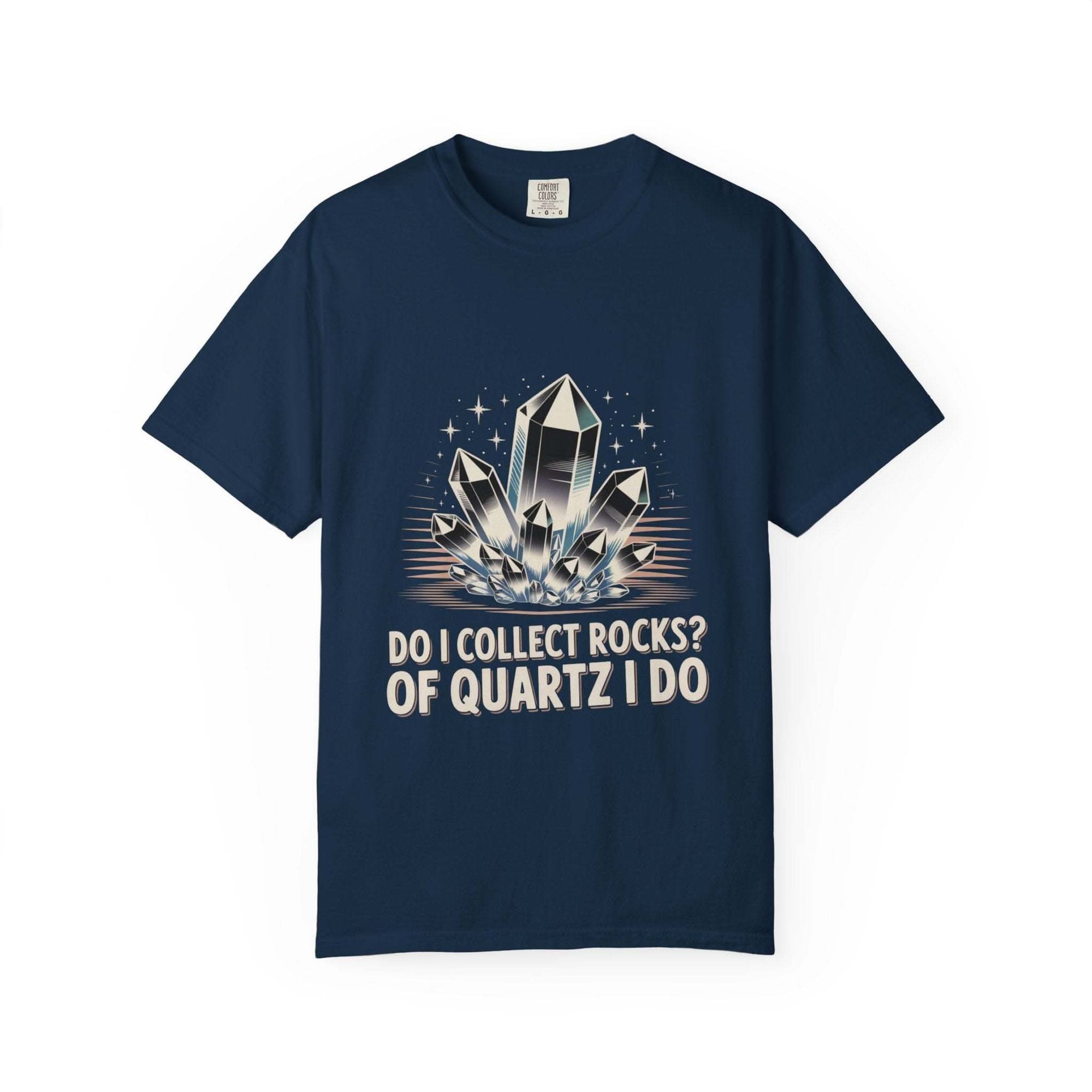 Navy blue t-shirt with quartz crystal graphic and text on a white background