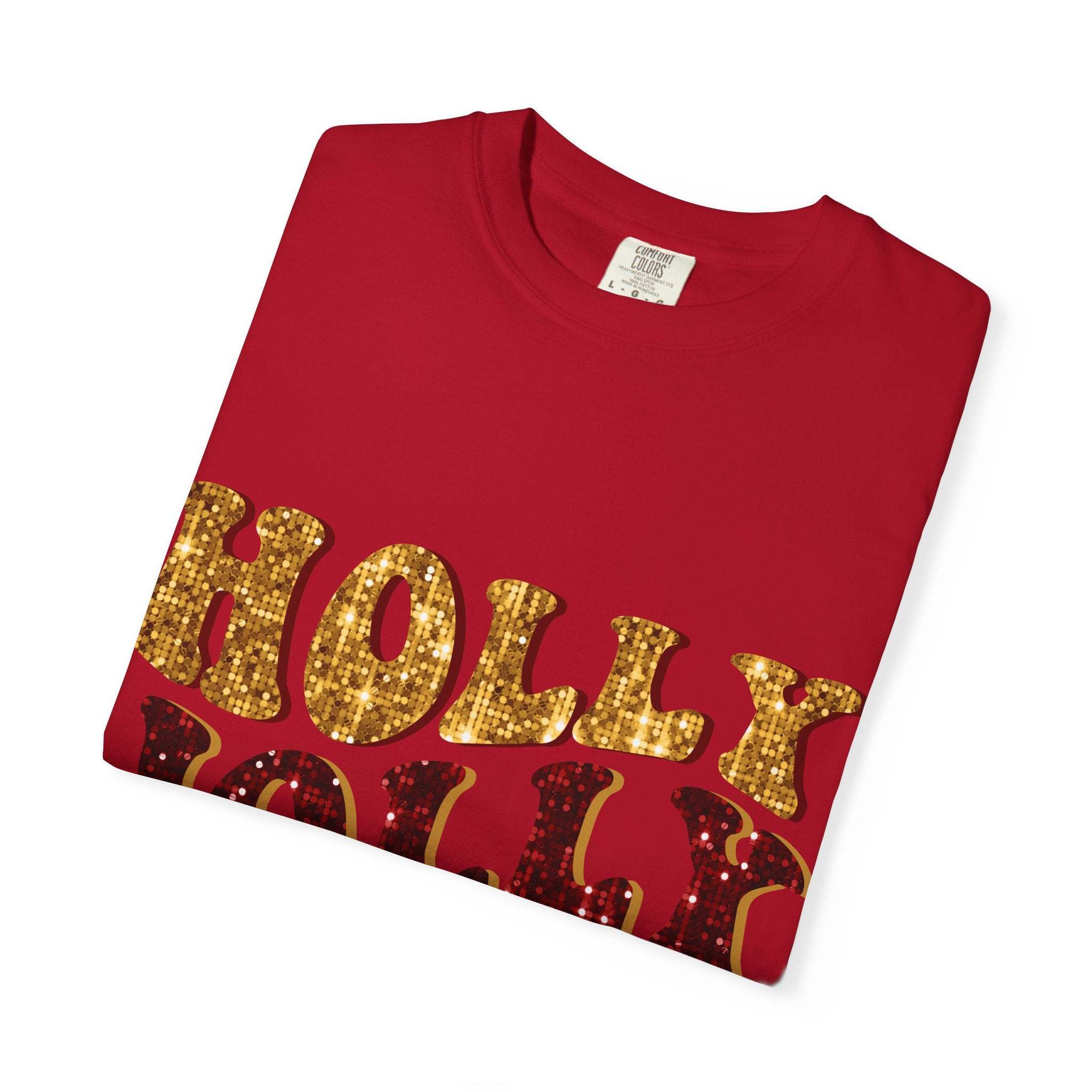 Red folded Faux Glitter Holly Jolly Mama t-shirt with gold and red glitter text on front