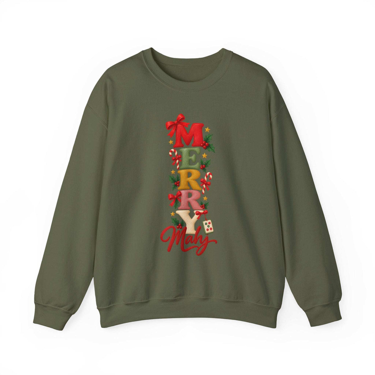 Military green Merry Mahj Christmas mahjong sweatshirt with colorful stacked lettering, red bows, candy canes, holly and a mahjong tile.