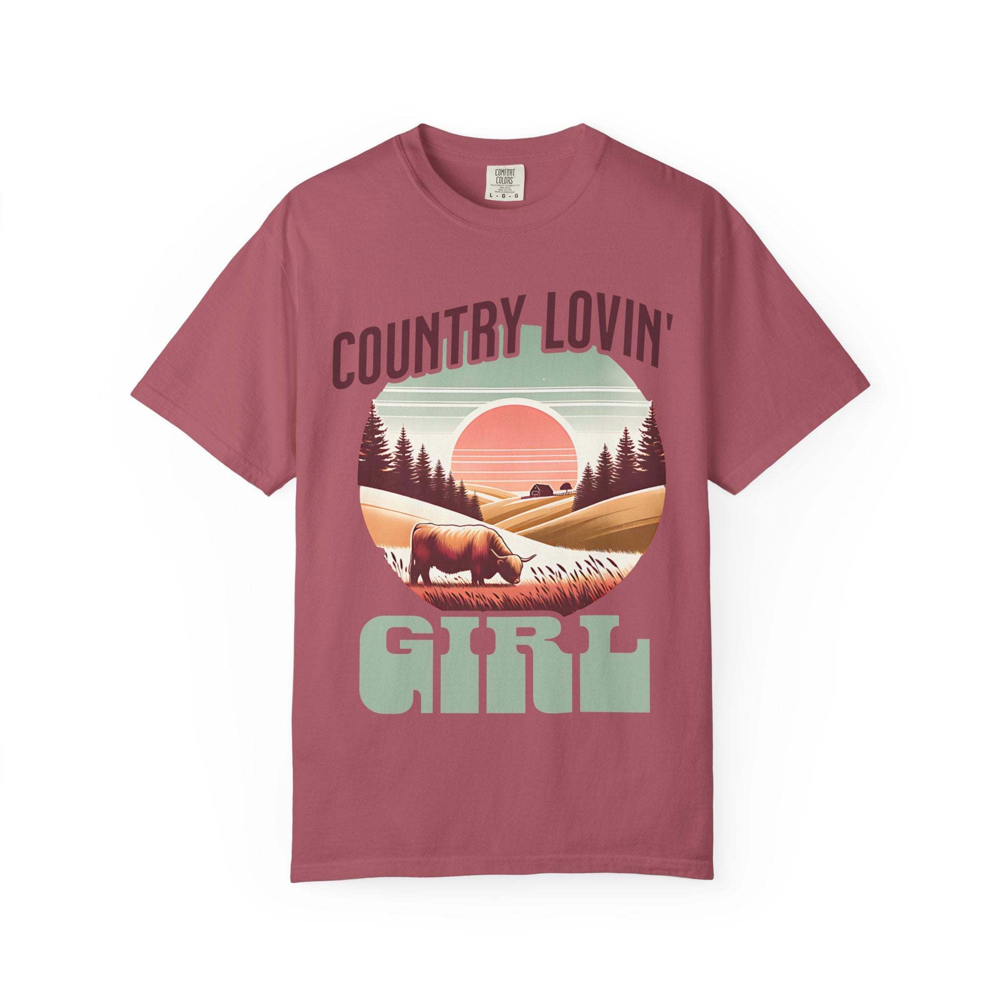 Country Lovin Girl T-shirt vintage style with sunset and cow graphic on pink background