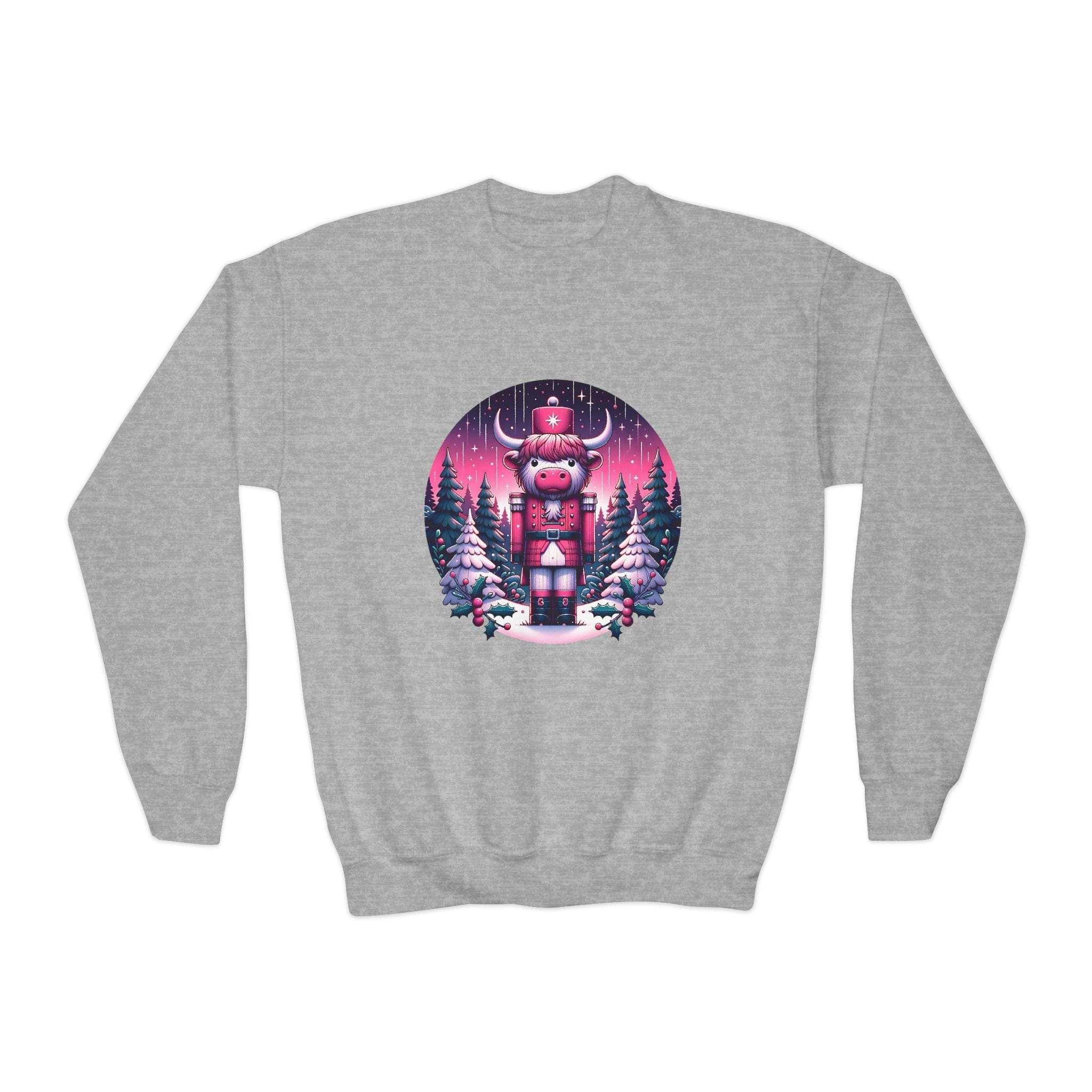 Navy youth crewneck sweatshirt featuring a Highland cow nutcracker design by Printify