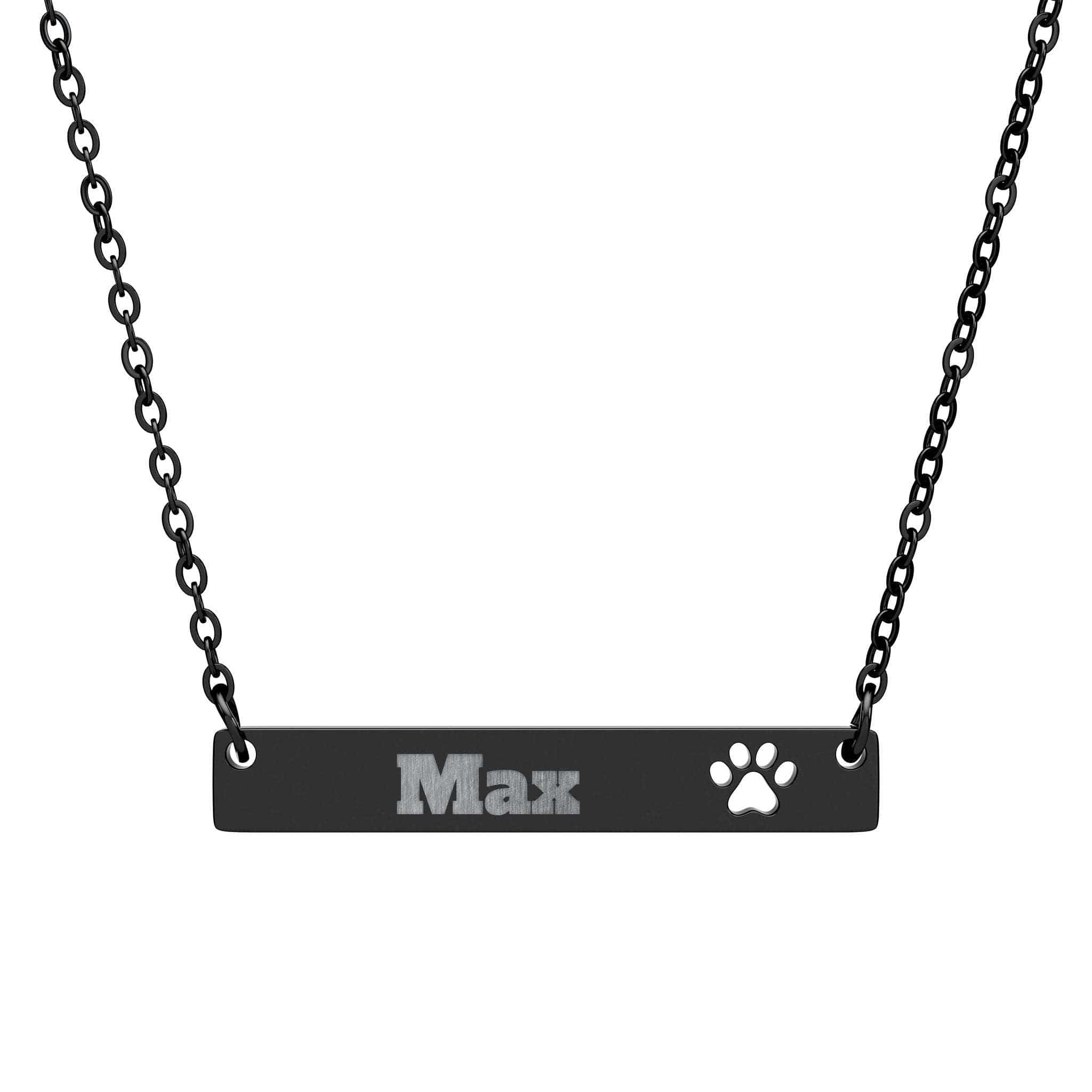 Black necklace with a bar pendant engraved with 'Max' and a paw print on a white background
