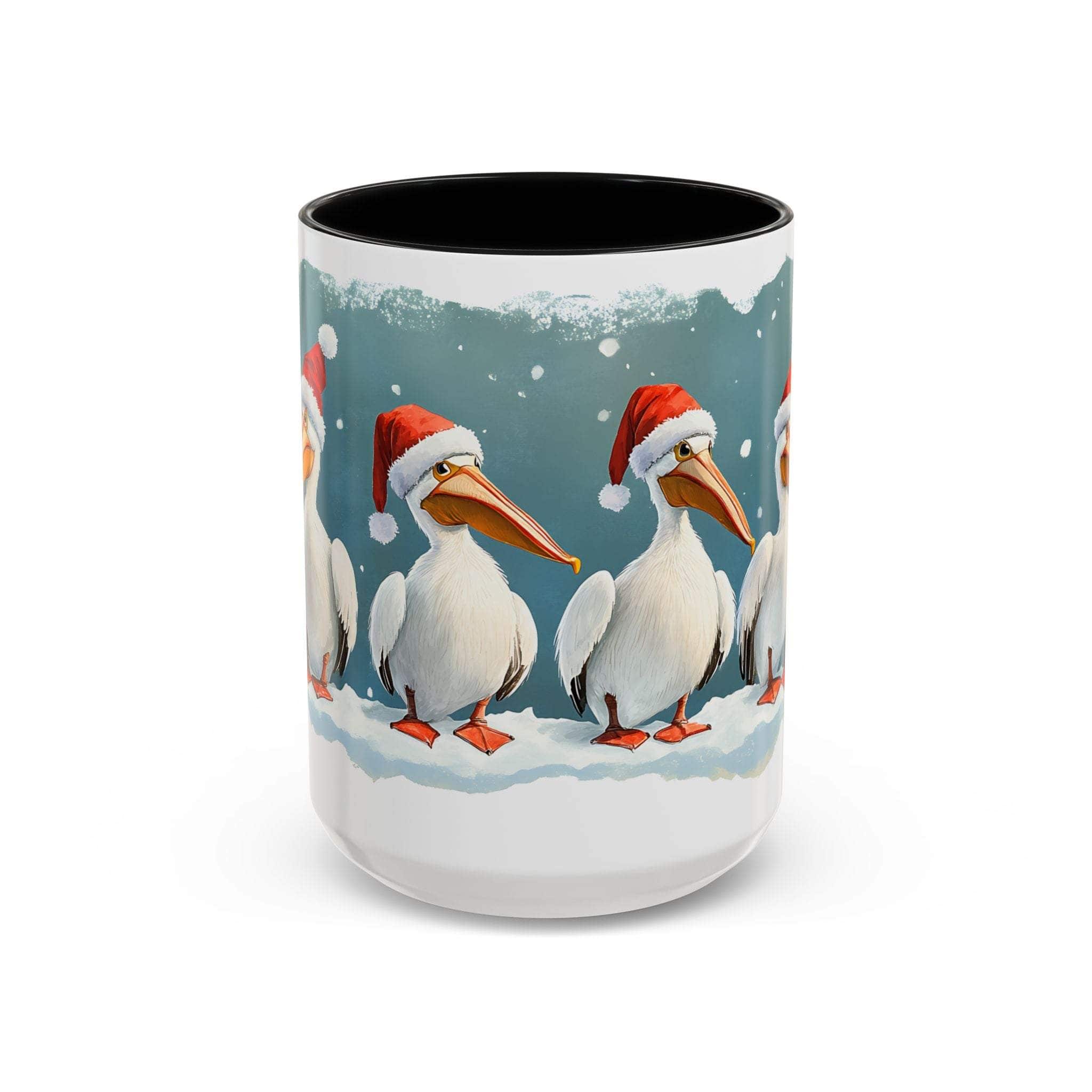 Mug with Christmas design featuring pelicans wearing Santa hats on a snowy background.