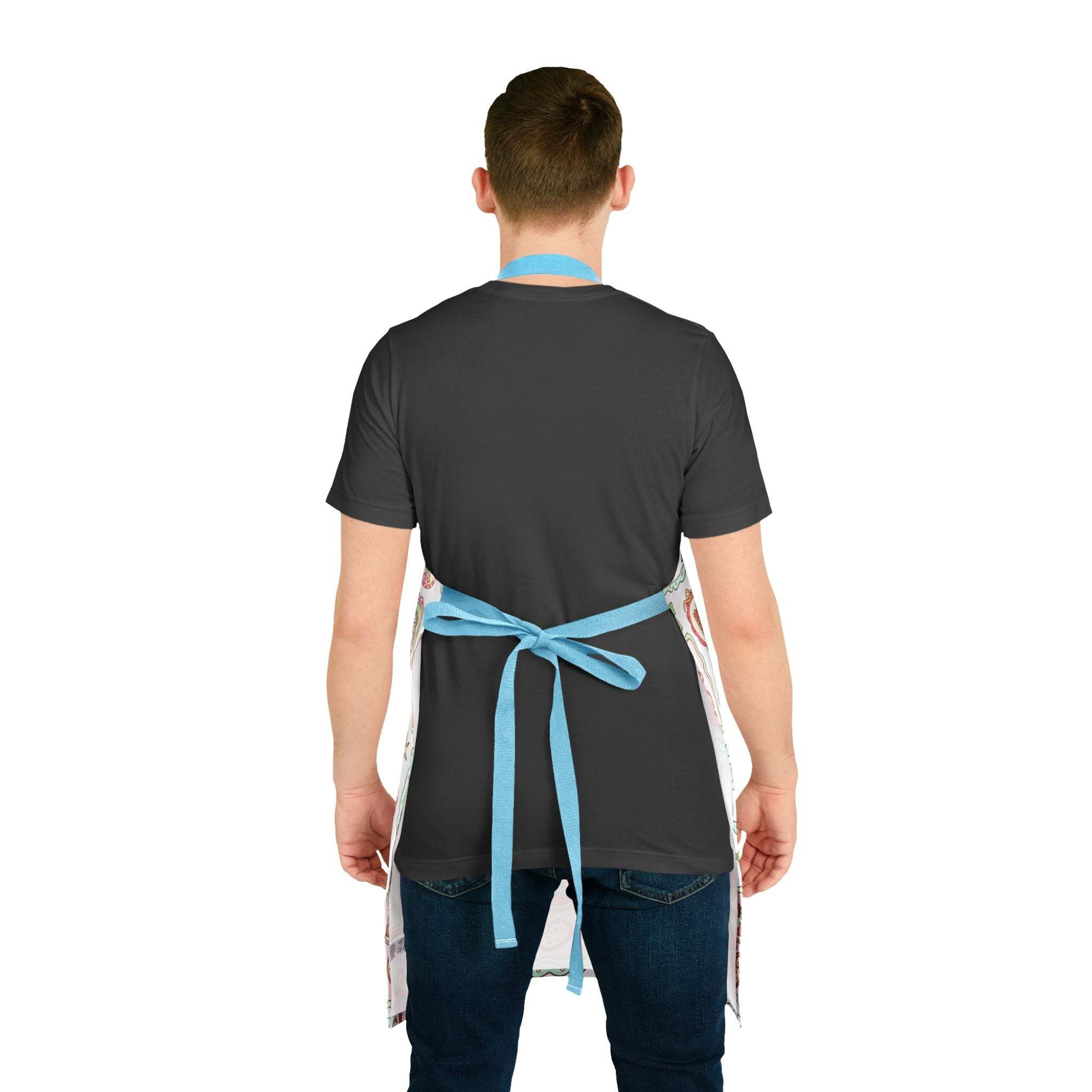 Man wearing Retro Christmas Frames apron with blue straps from the back