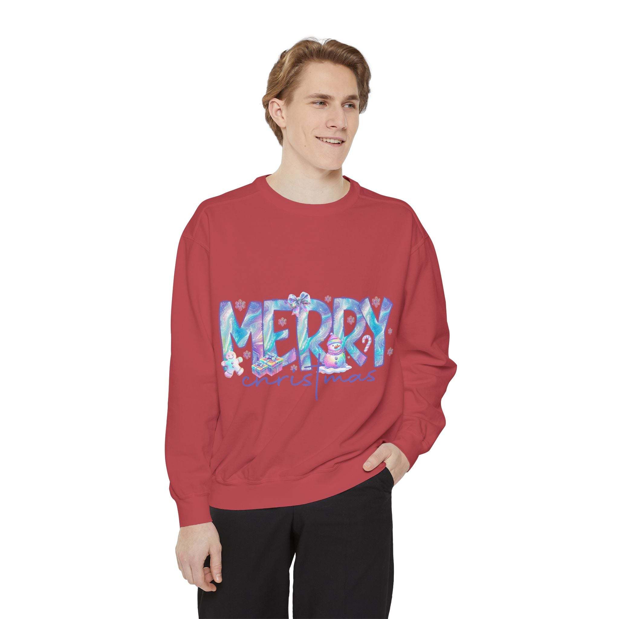 Man wearing red iridescent Merry Christmas sweatshirt with festive design and relaxed fit