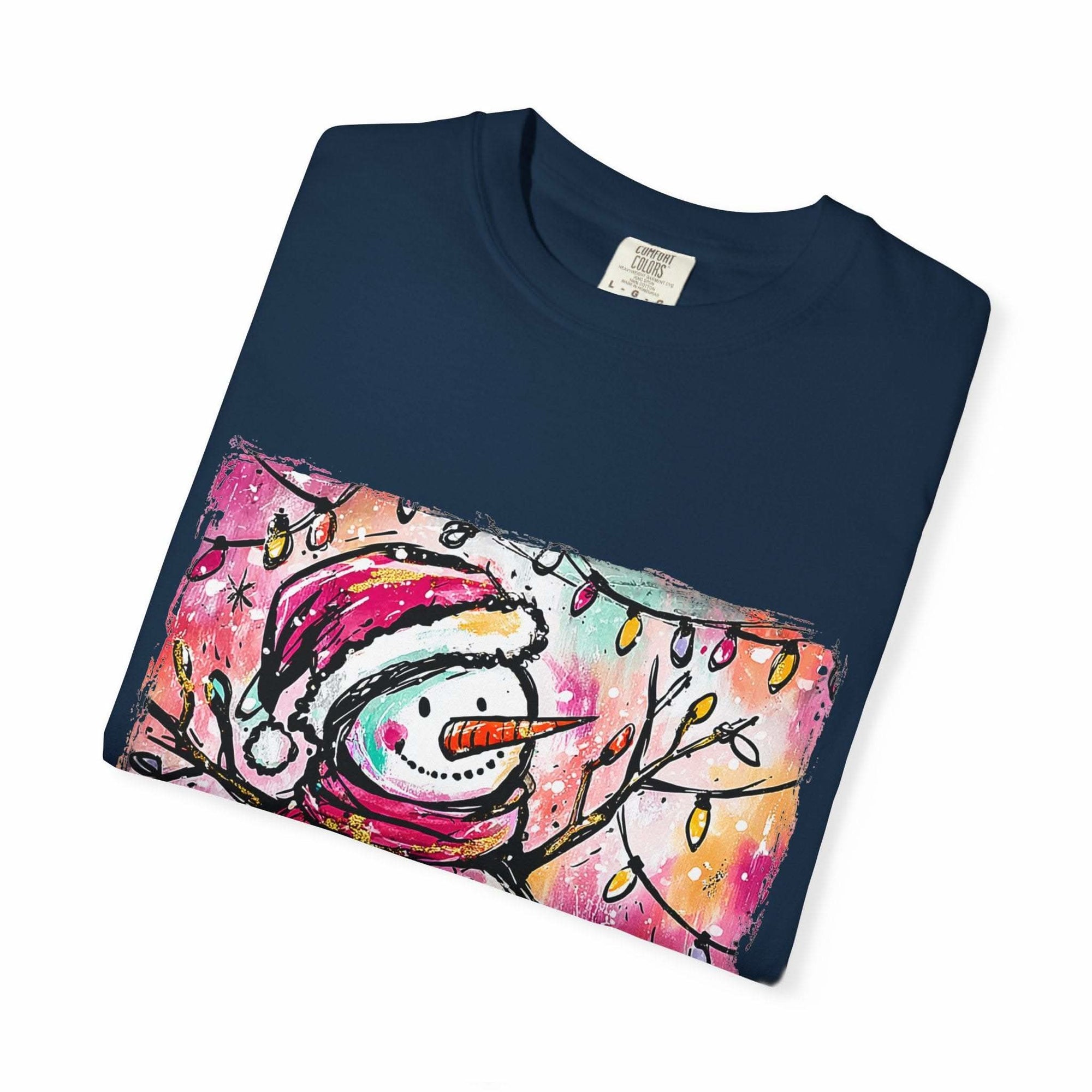 White unisex t-shirt featuring colorful disco ball snowman design, perfect for Christmas and dance parties by Printify