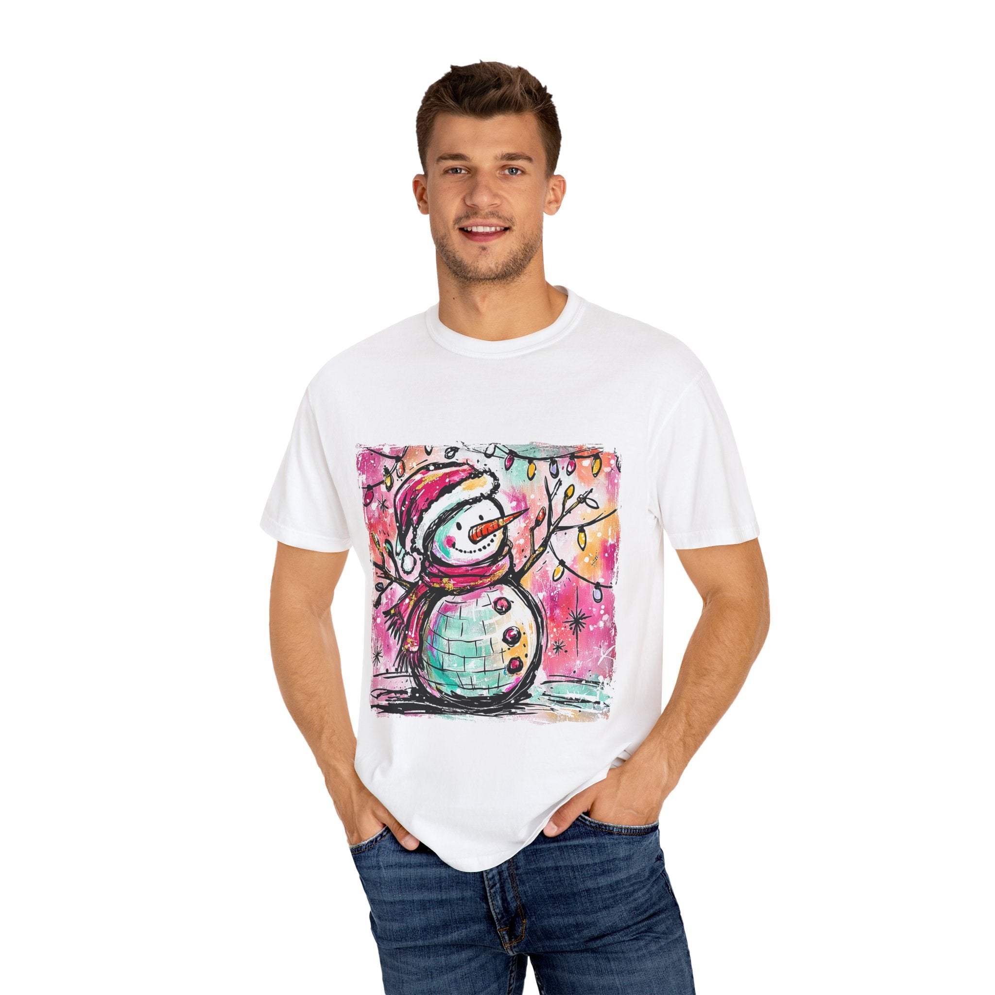 White unisex t-shirt featuring colorful disco ball snowman design, perfect for Christmas and dance parties by Printify