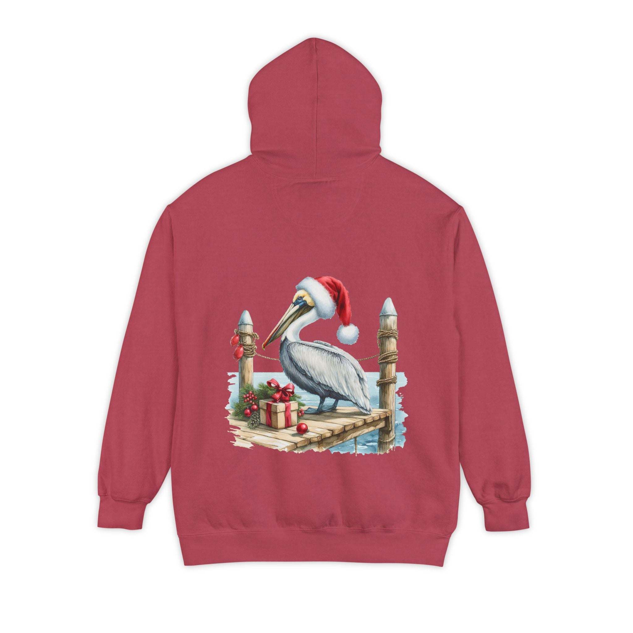 True Navy hoodie featuring a pelican in a Santa hat design by Printify