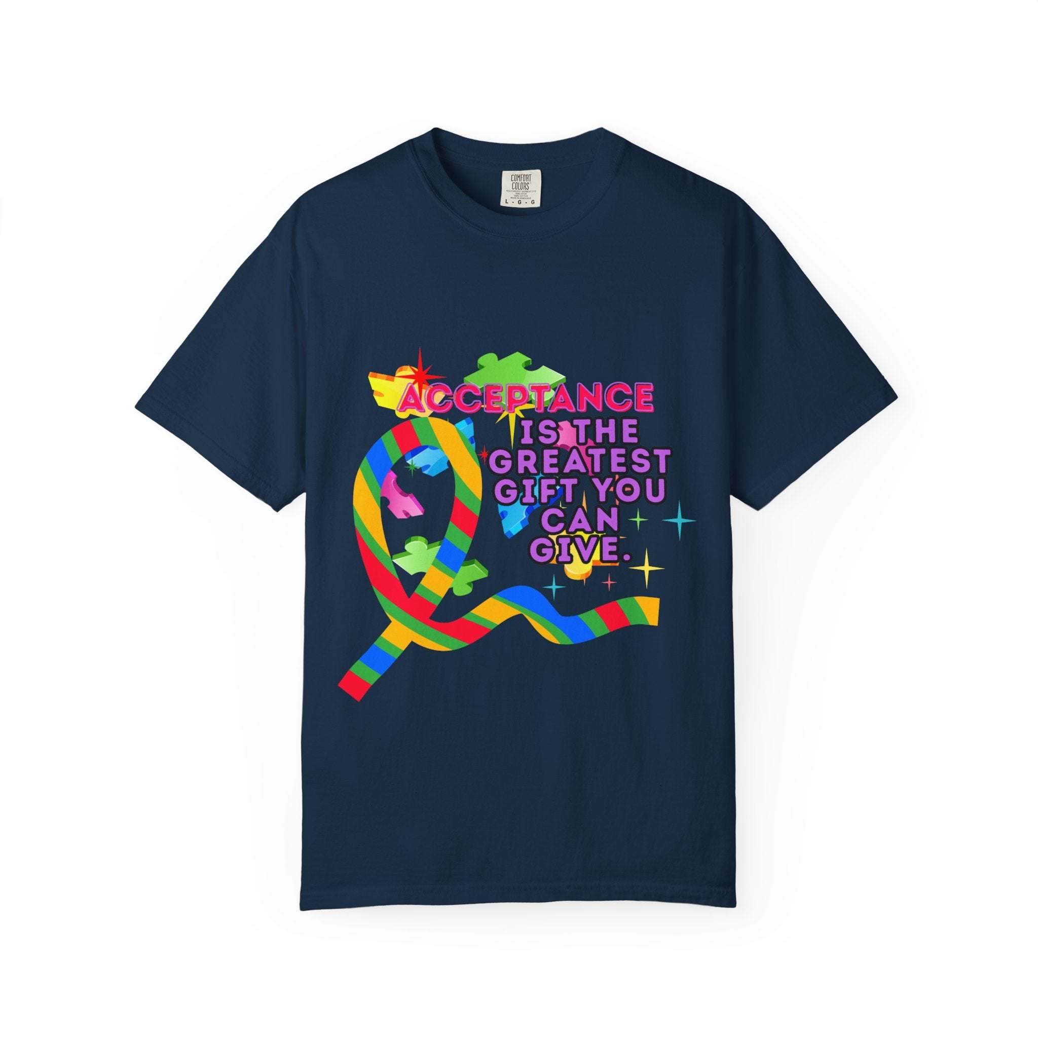Garment-dyed Autism Acceptance T-shirt with colorful puzzle ribbon design and supportive message on navy fabric