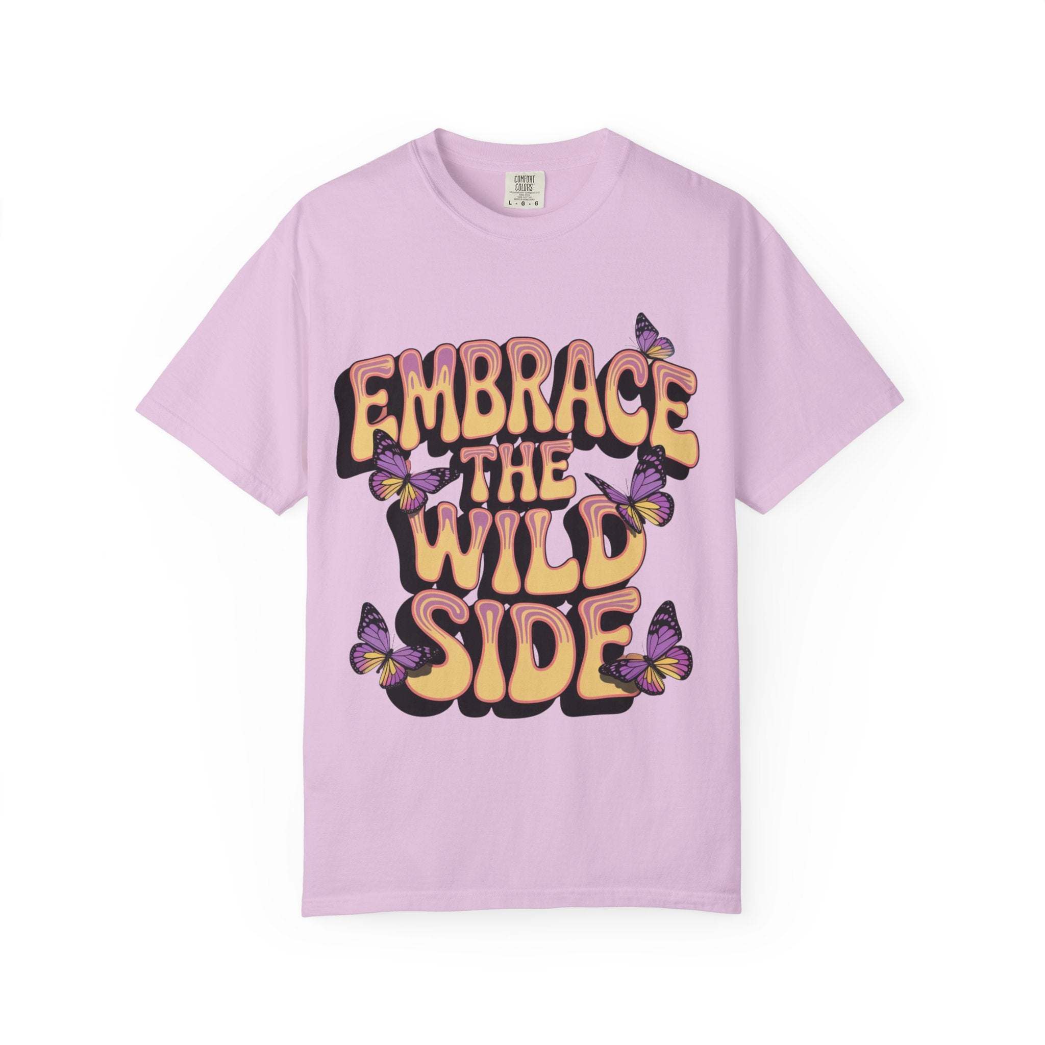 Lavender garment-dyed T-shirt with "Embrace the Wild Side" print and butterfly design, unisex casual wear