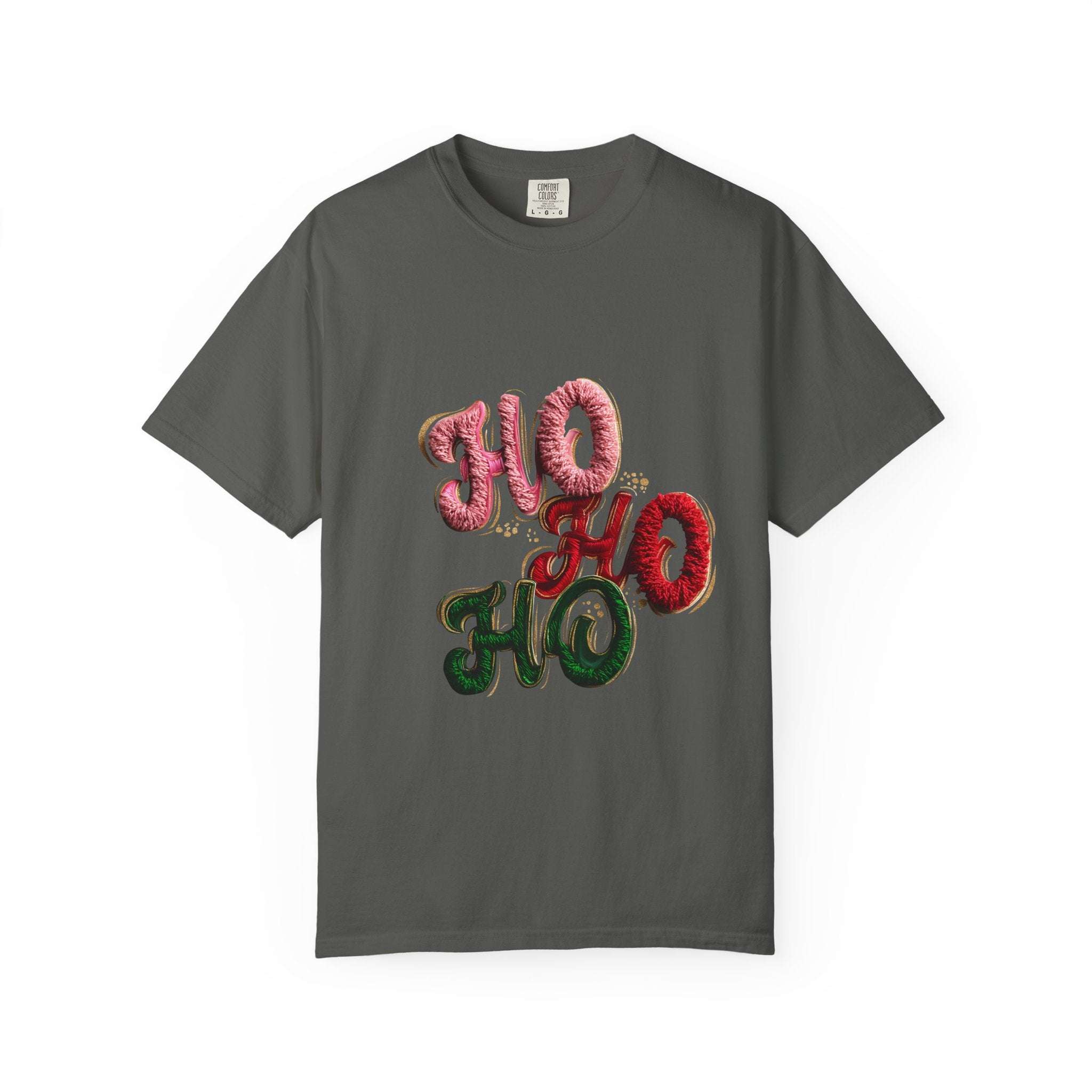 White cotton t-shirt featuring faux puffy crochet 'Ho, Ho, Ho' Christmas graphic design by Printify