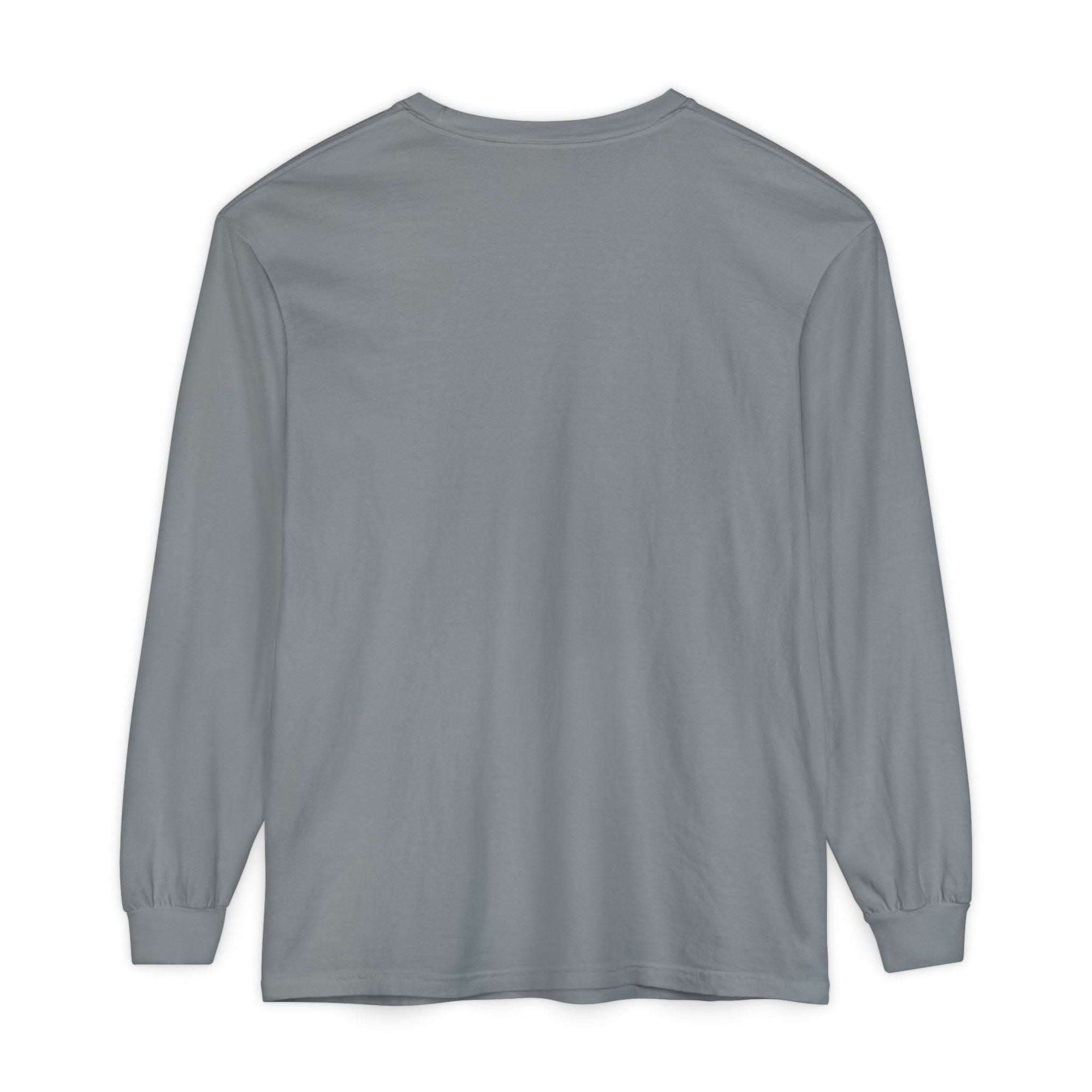Gray long sleeve t-shirt with ribbed cuffs and durable hems, made from soft 100% cotton