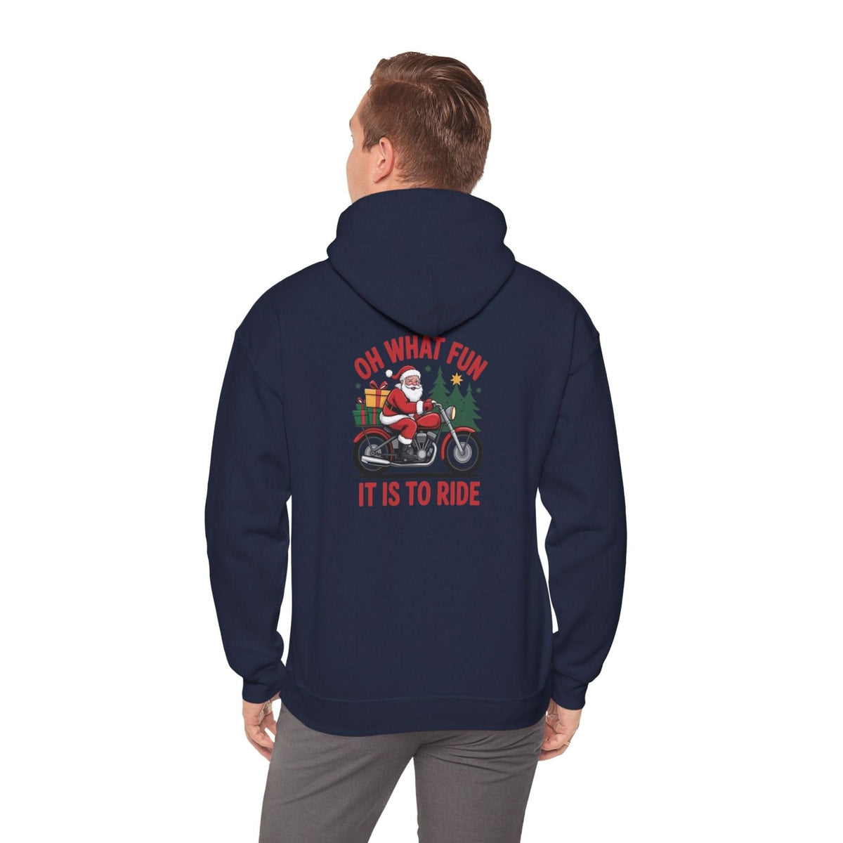 Navy Santa Motorcycle Hoodie with festive Santa riding a motorcycle and "Oh What Fun It Is To Ride" text on back
