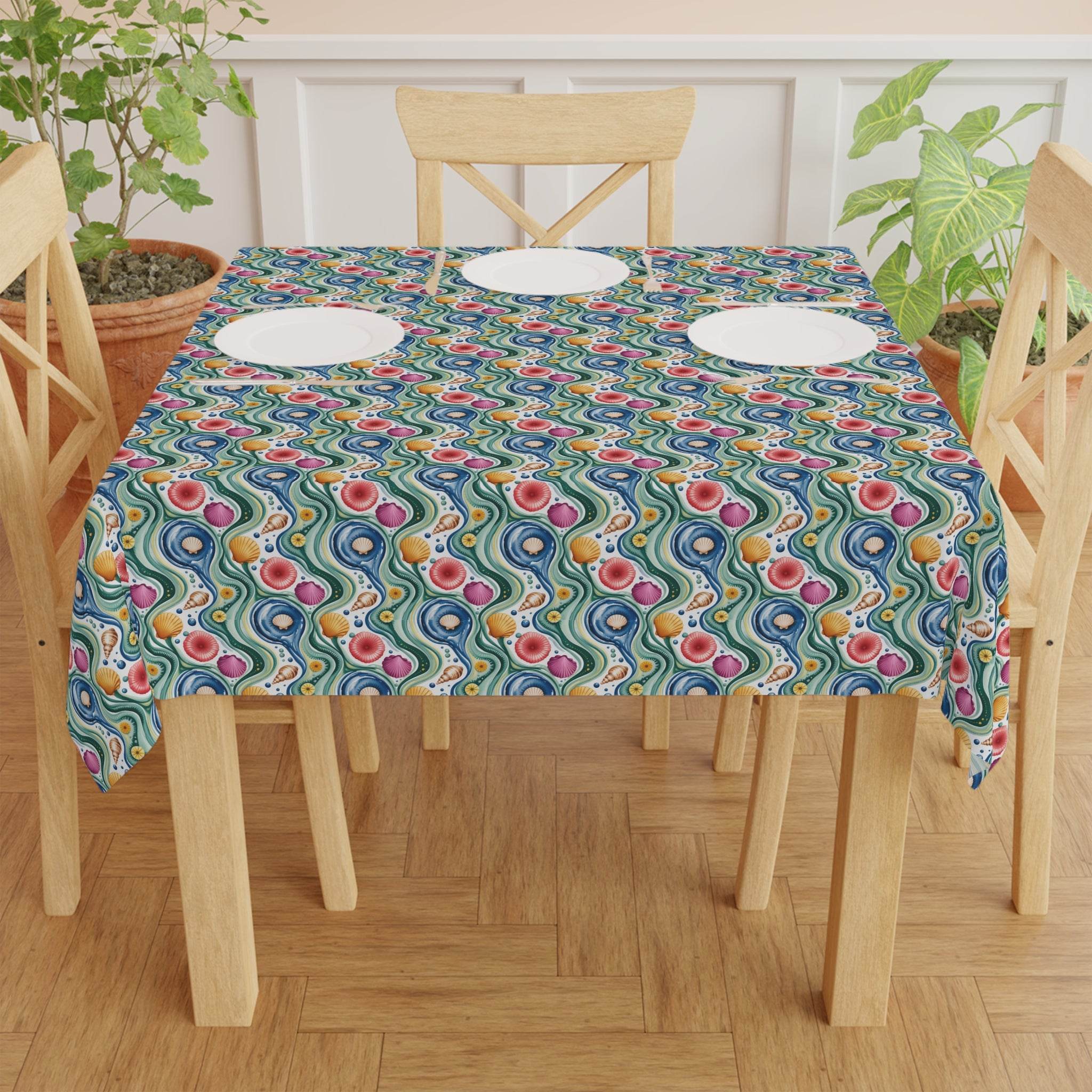 Tablecloth Coastal Shells with vibrant seaside shell pattern on dining table with plates