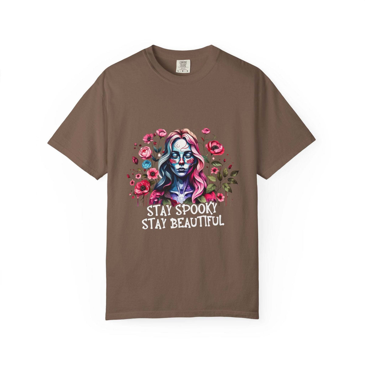 brown t-shirt with elegant floral skeleton print and stay spooky stay beautiful text
