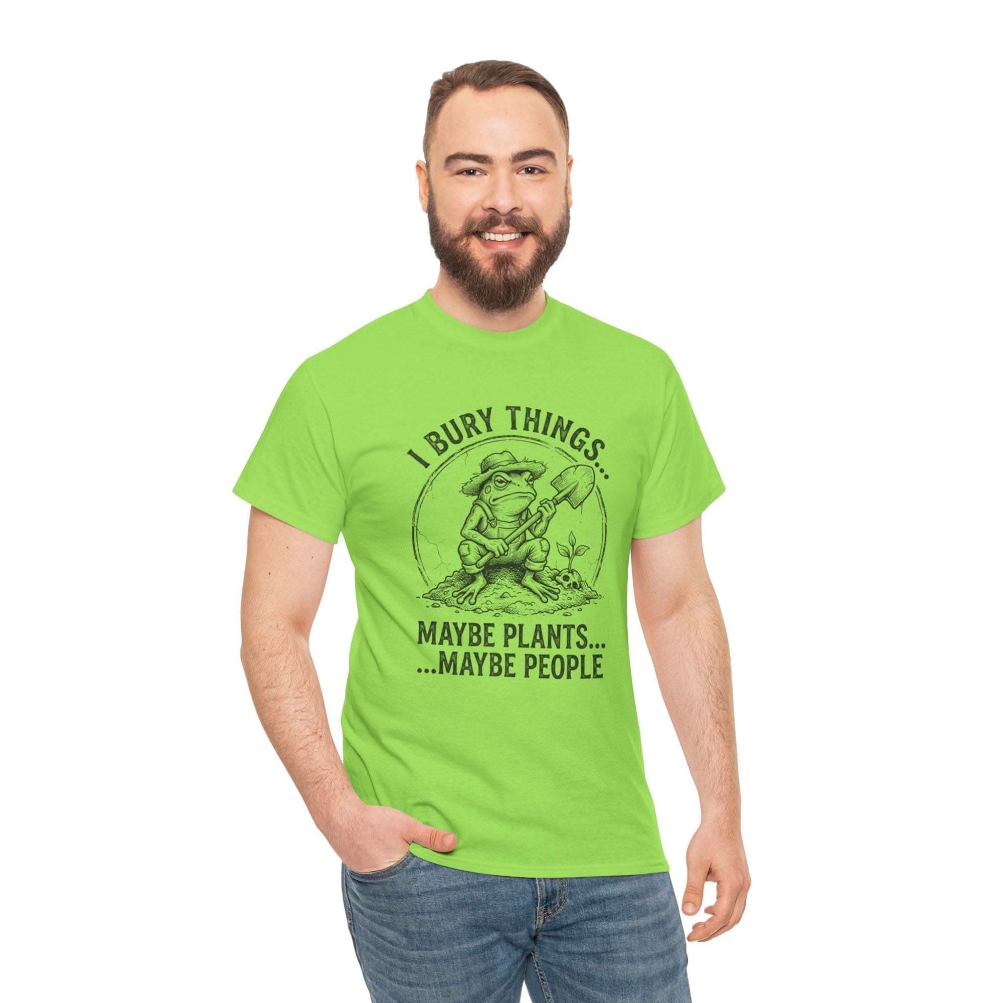I Bury Things Maybe Plants Maybe People T-shirt with humorous gnome gardening design