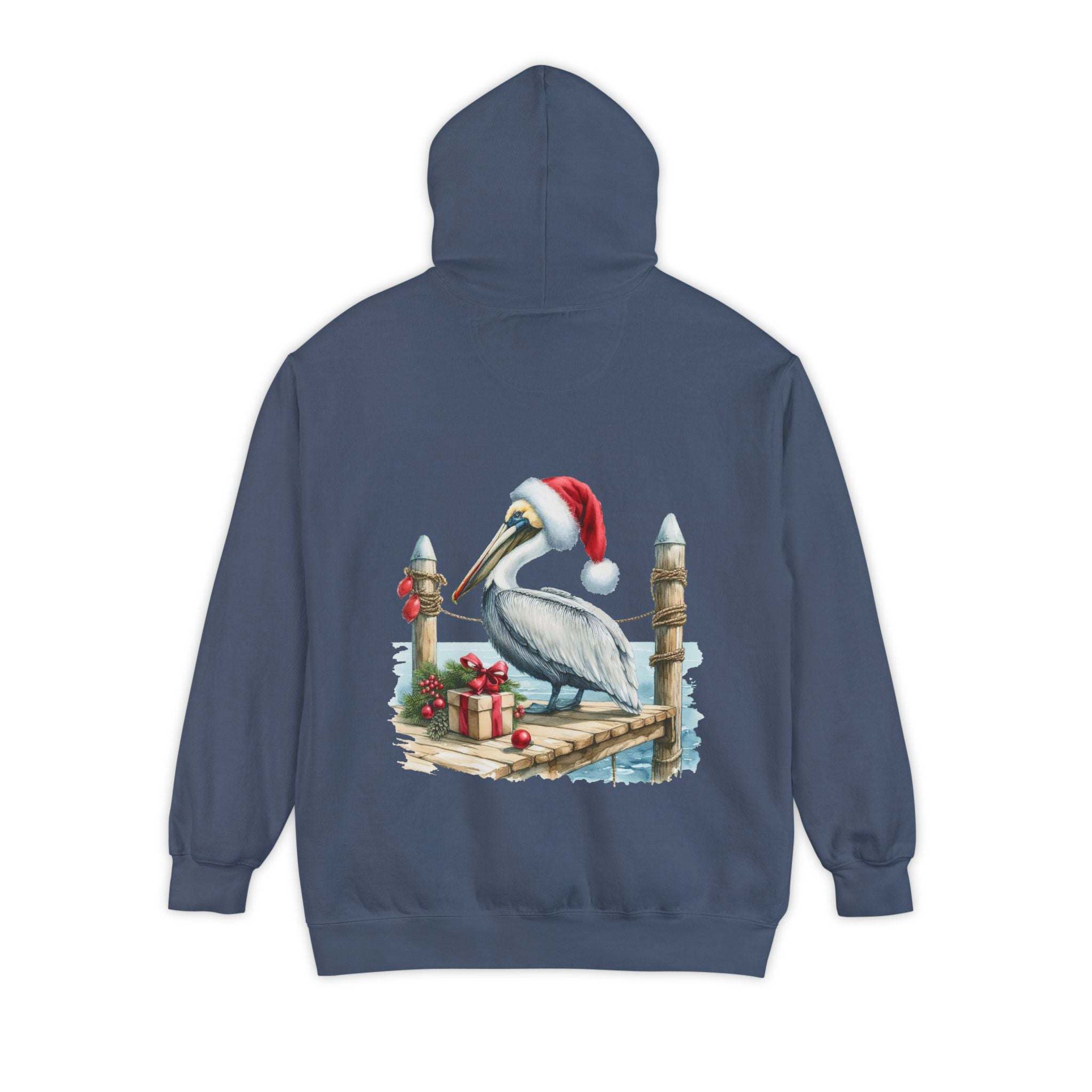 True Navy hoodie featuring a pelican in a Santa hat design by Printify