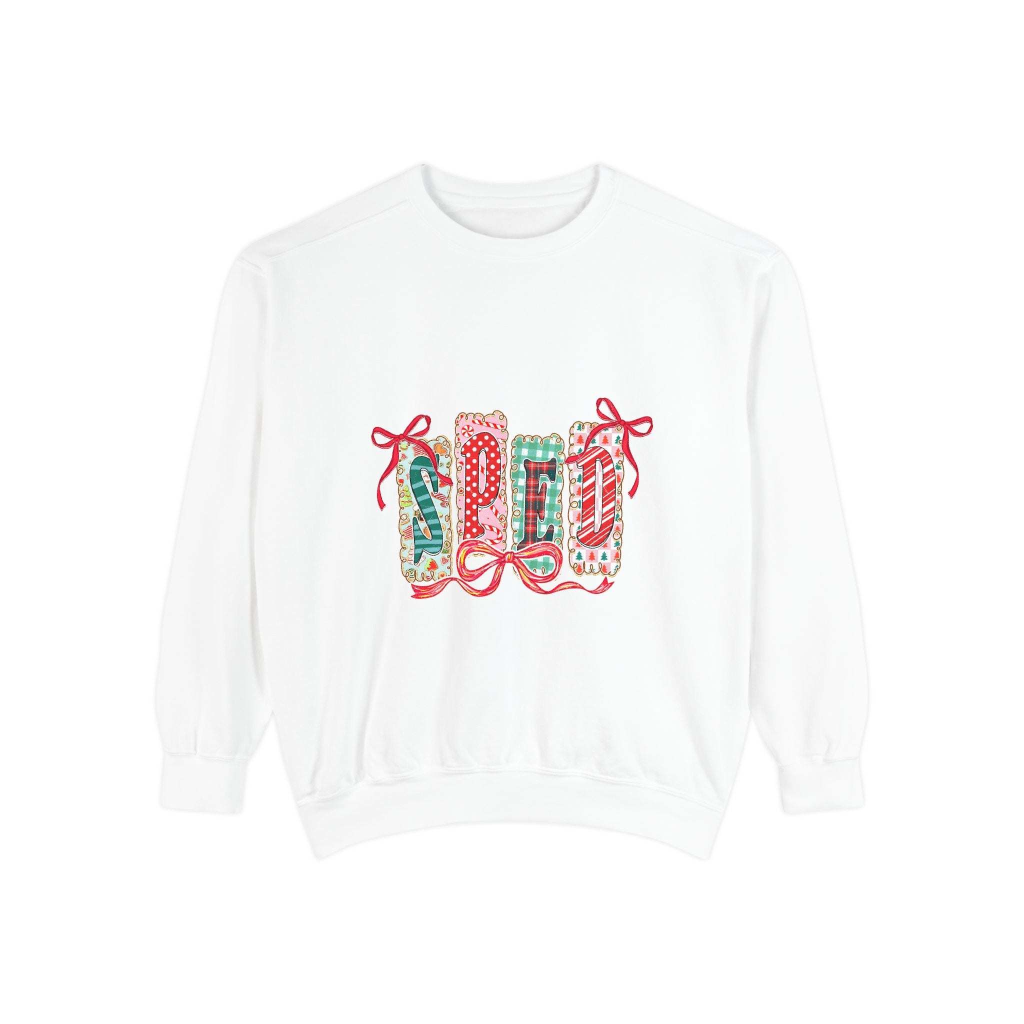 Pepper garment-dyed sweatshirt for preppy SPED teachers, featuring a festive Christmas design by Printify