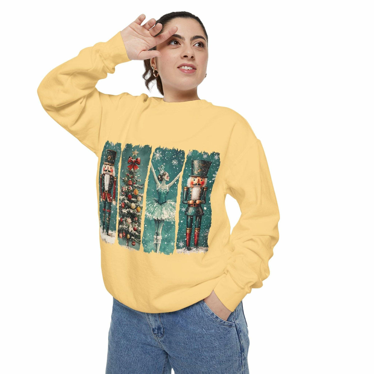 Vintage Christmas Nutcracker sweatshirt with watercolor nutcracker and holiday design on yellow cozy fabric